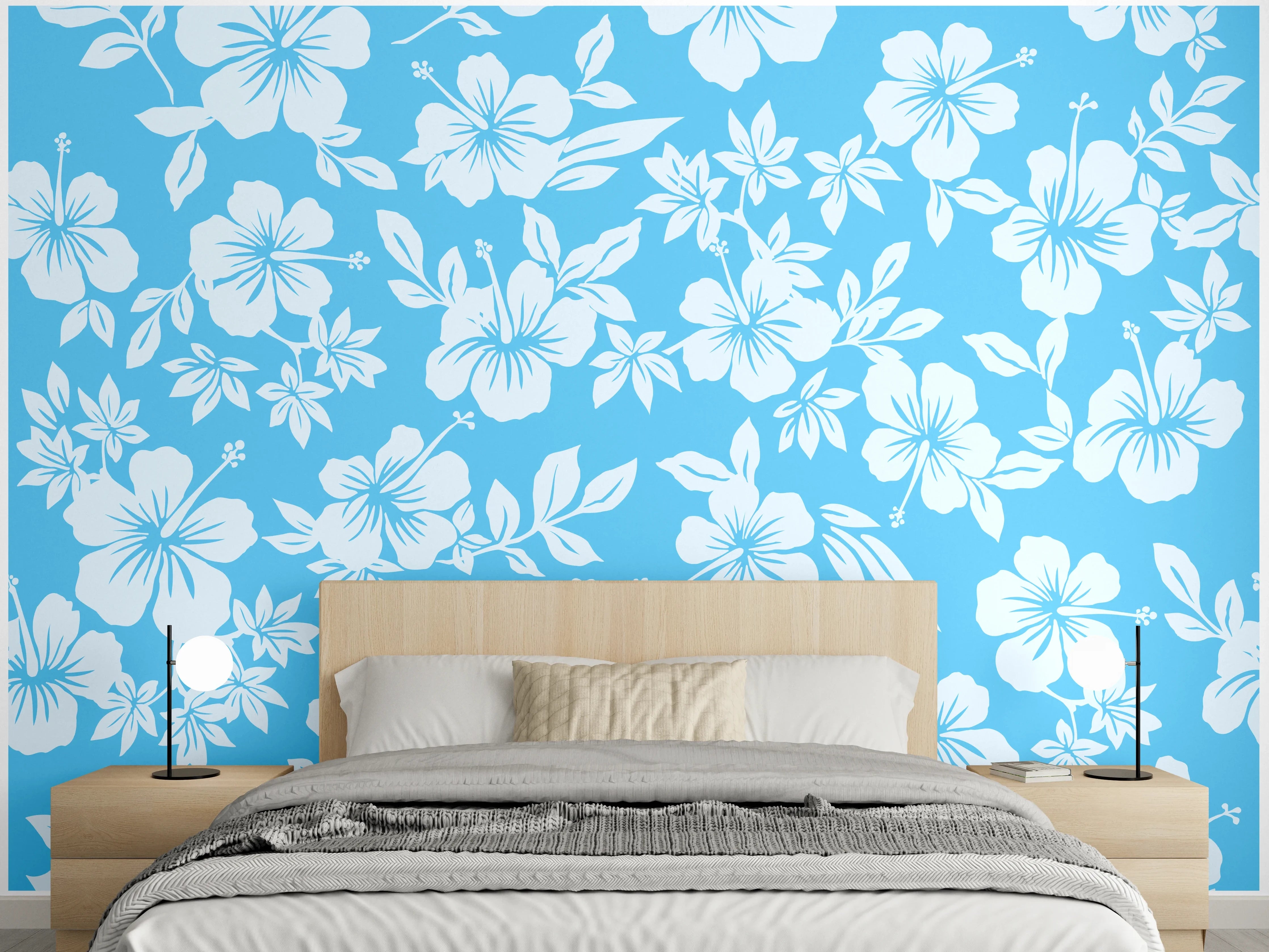Wandverkleidung Schlafzimmer - Hibiskus Design Blau Grau Weiß