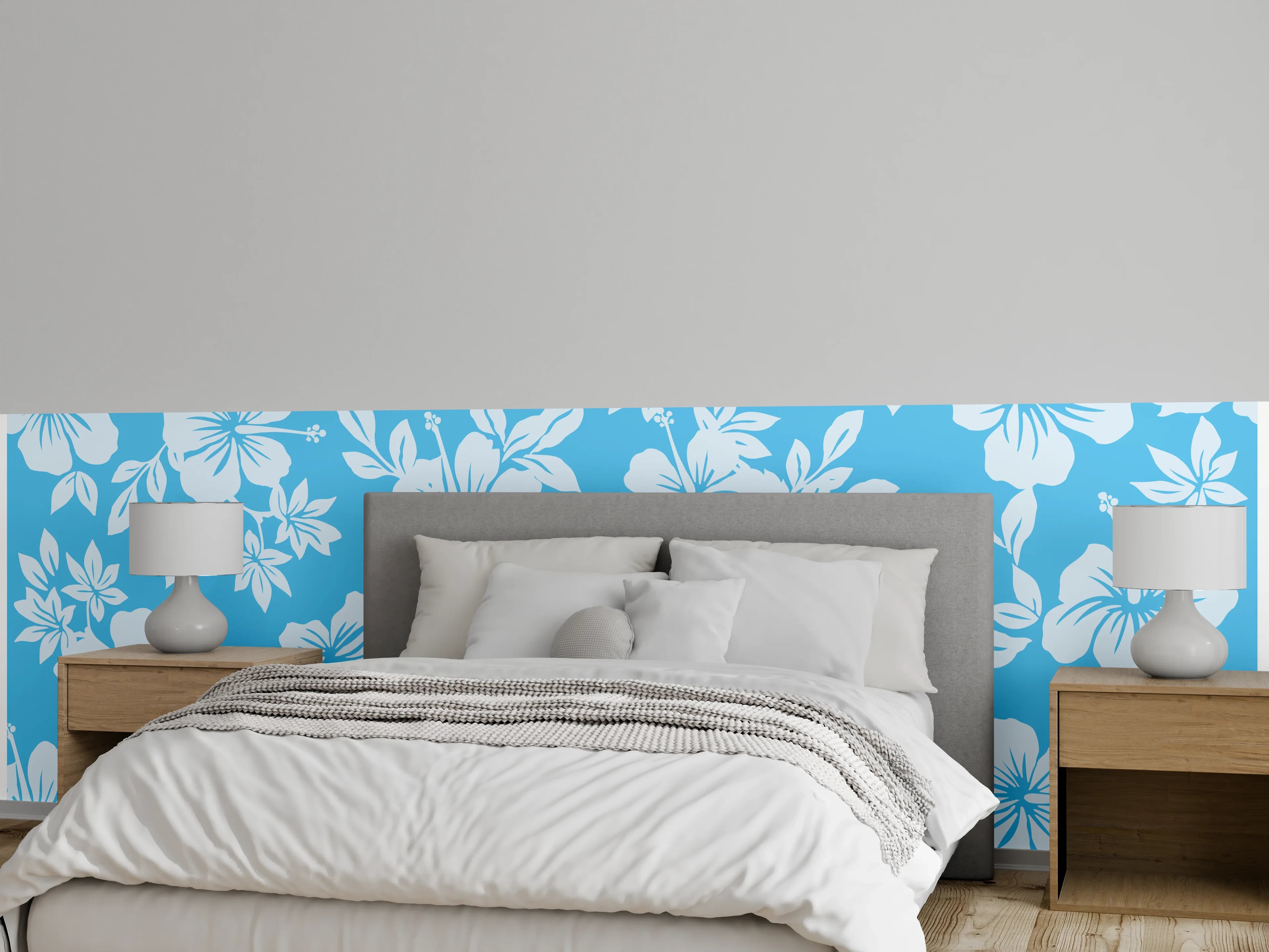 Wandverkleidung Schlafzimmer - Hibiskus Design Blau Grau Weiß