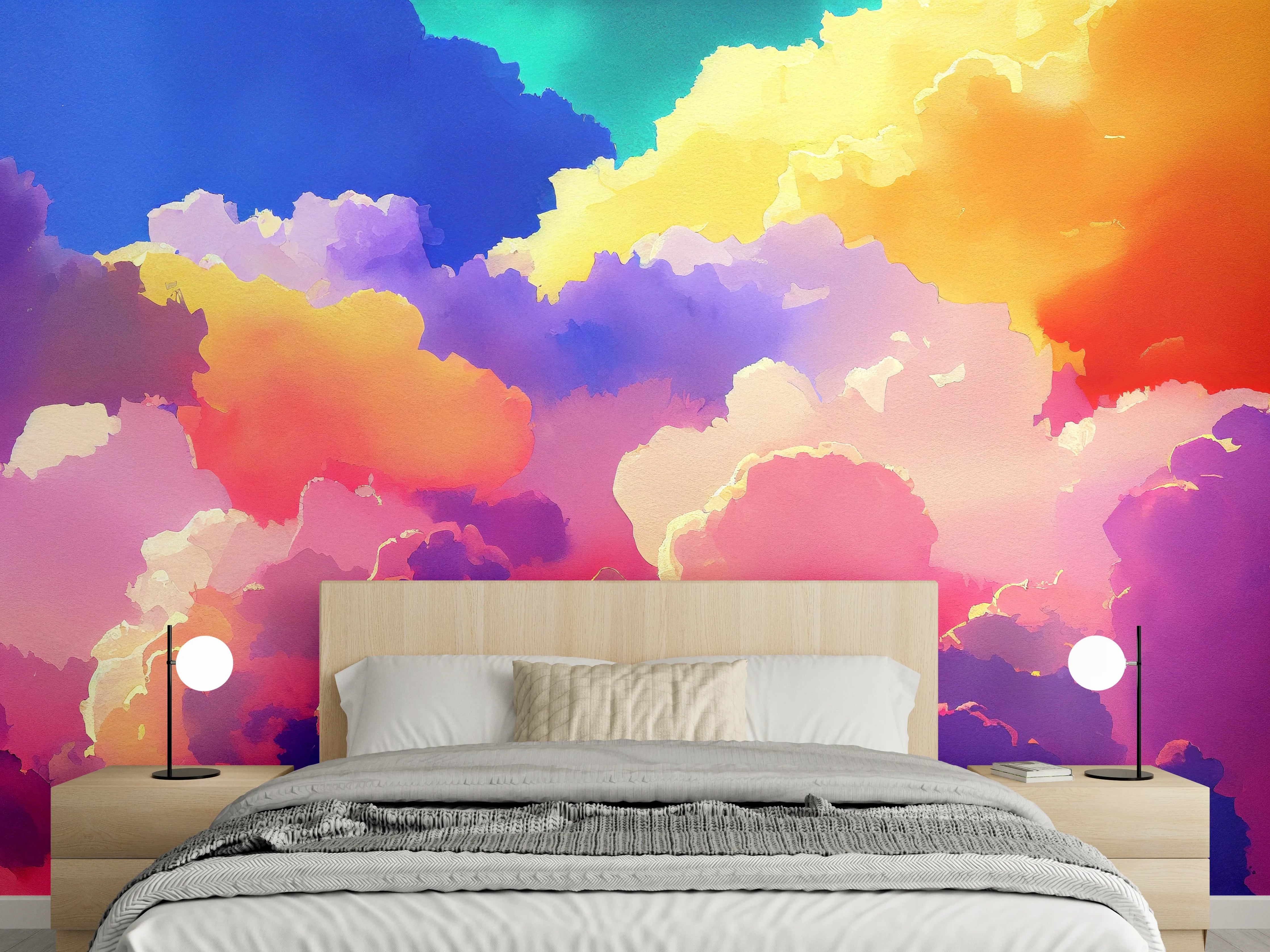 Wandverkleidung Schlafzimmer - Himmel mit Wolken. Aquarell Illustration von farbigen Wolken.