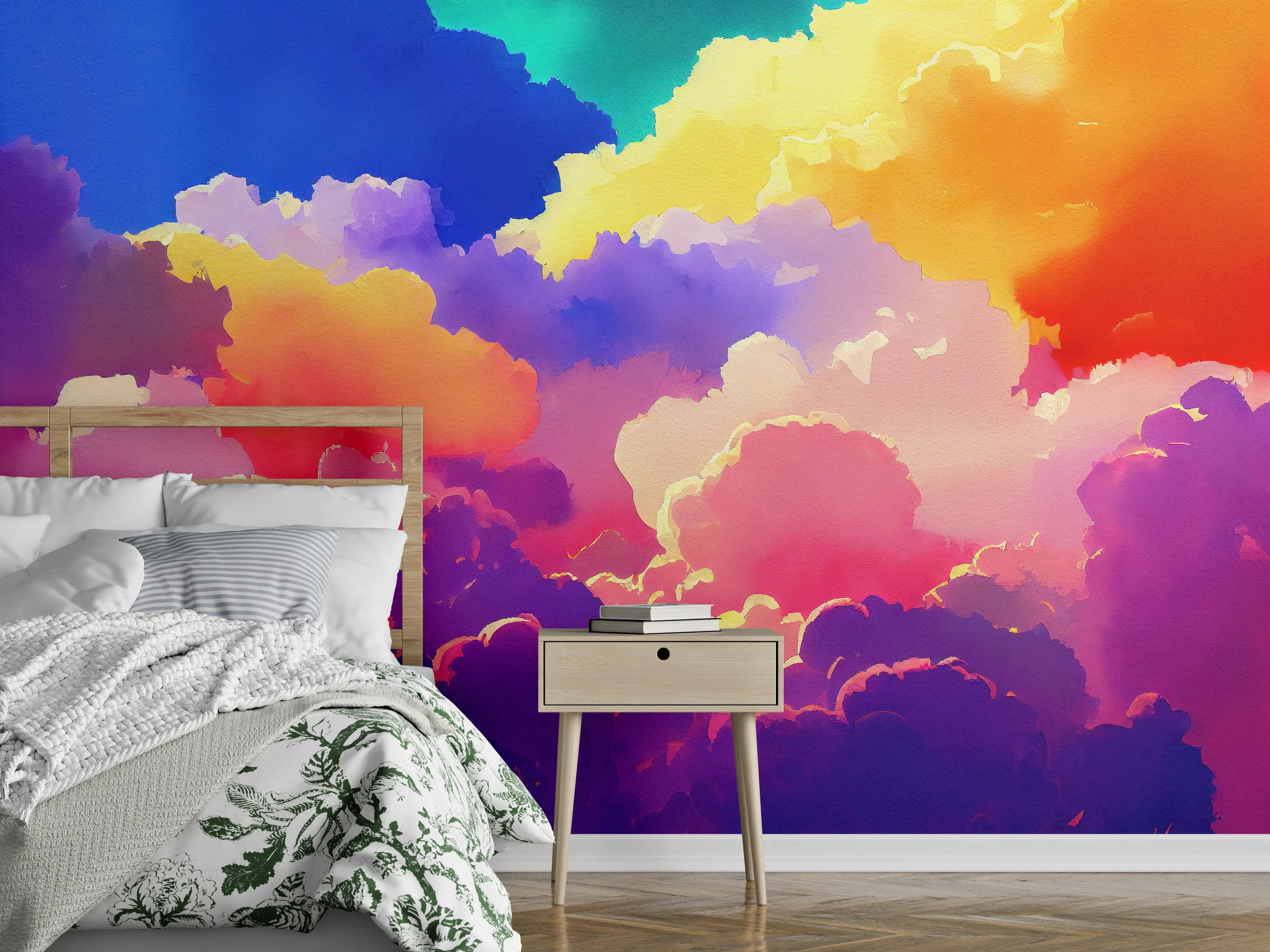 Wandverkleidung Schlafzimmer - Himmel mit Wolken. Aquarell Illustration von farbigen Wolken.