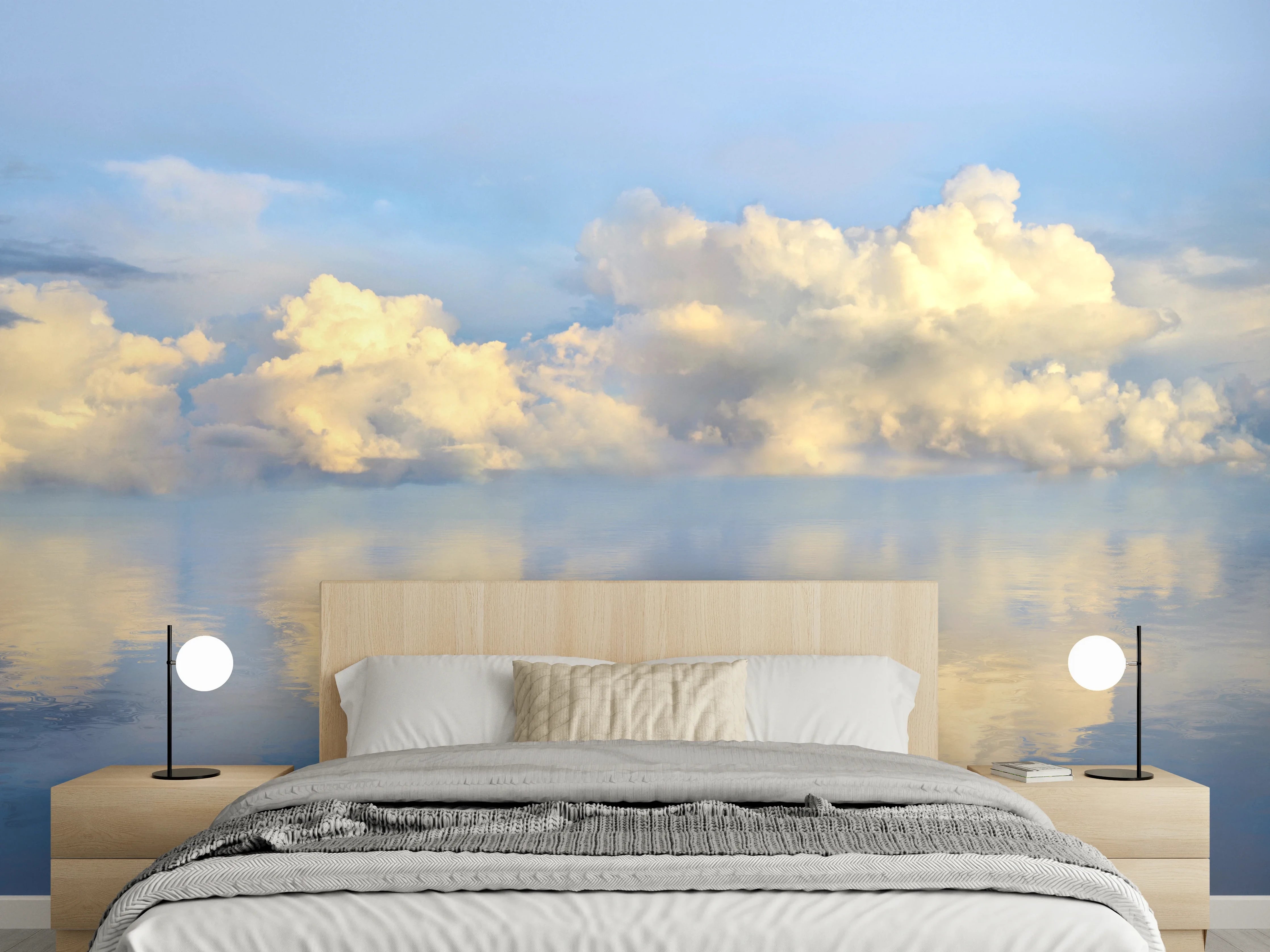 Wandverkleidung Schlafzimmer - Himmel und Wolken über Wasserpanorama
