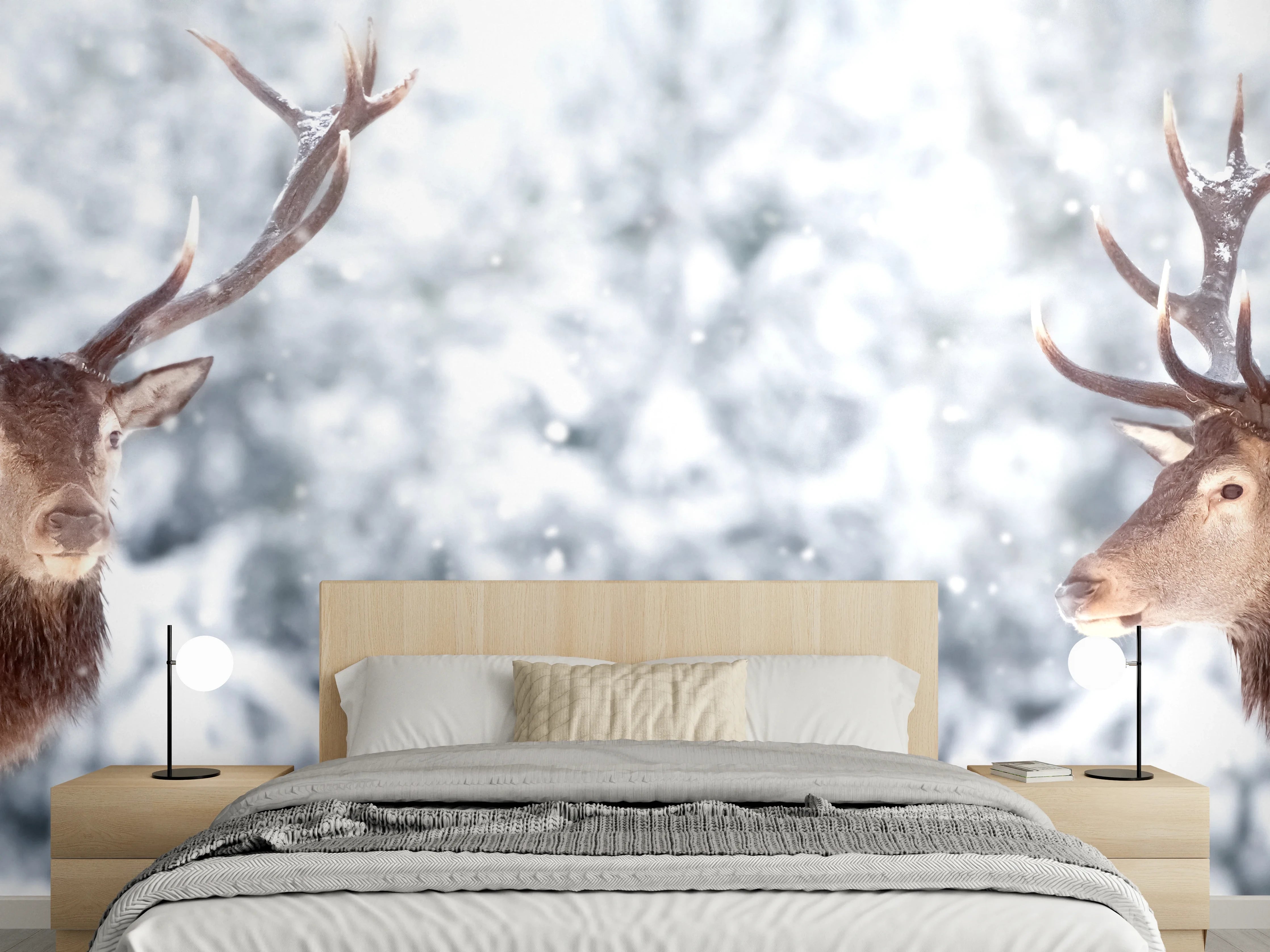 Wandverkleidung Schlafzimmer - Hirsch-Paar im Winterwald