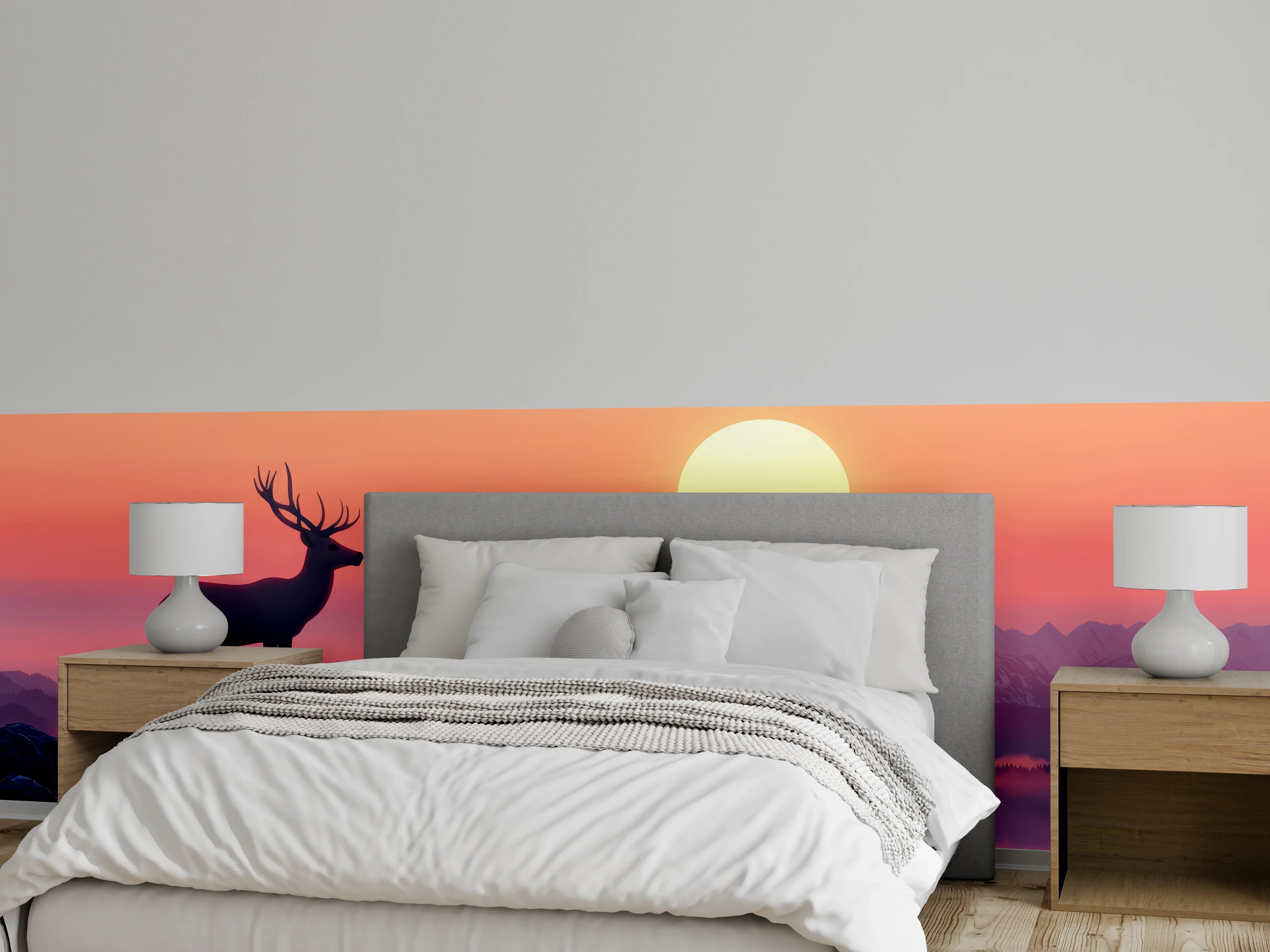 Wandverkleidung Schlafzimmer - Hirsch-Silhouette Sonnenaufgang Orange-Pink