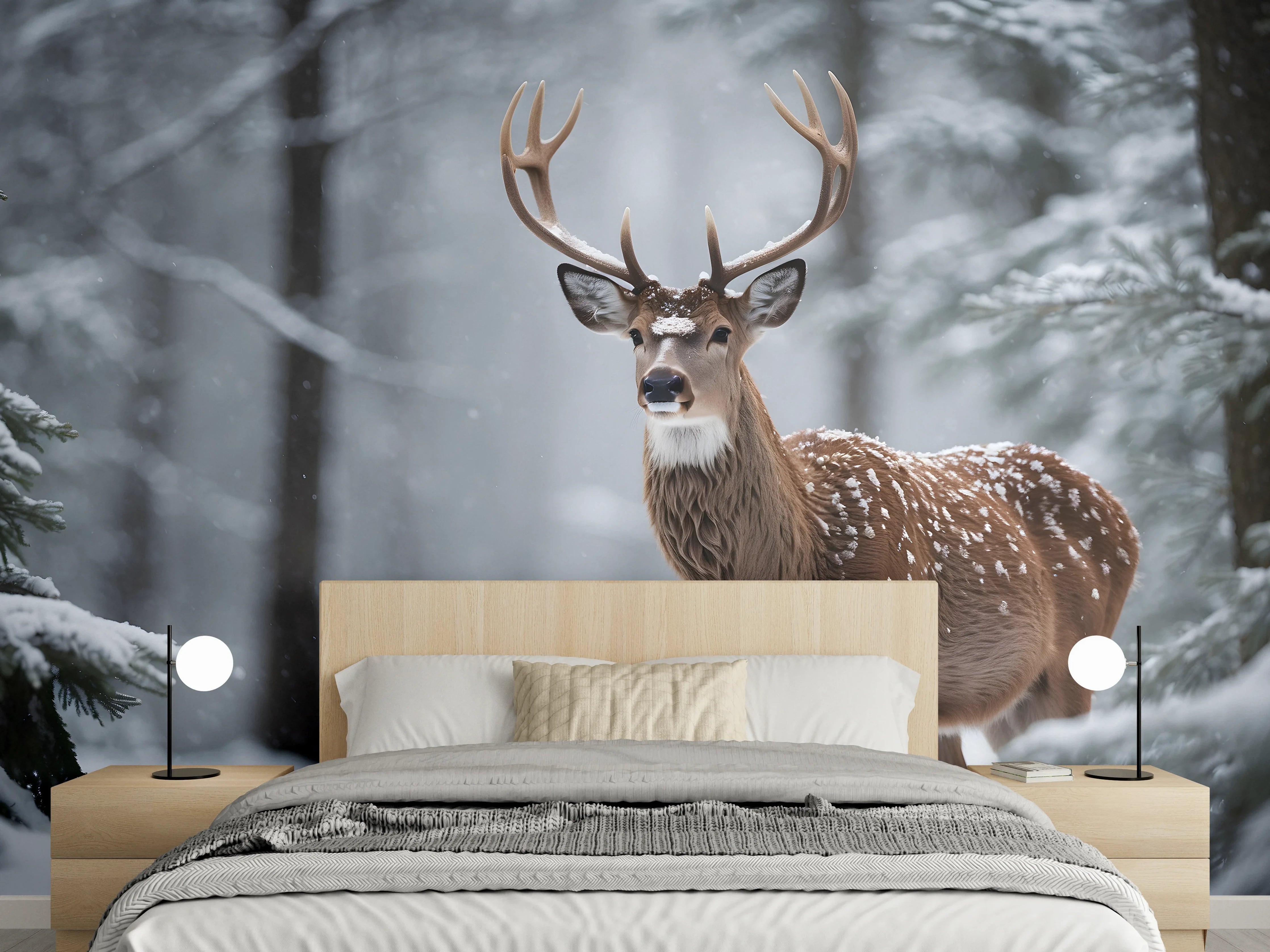 Wandverkleidung Schlafzimmer - Hirsch im verschneiten Wald