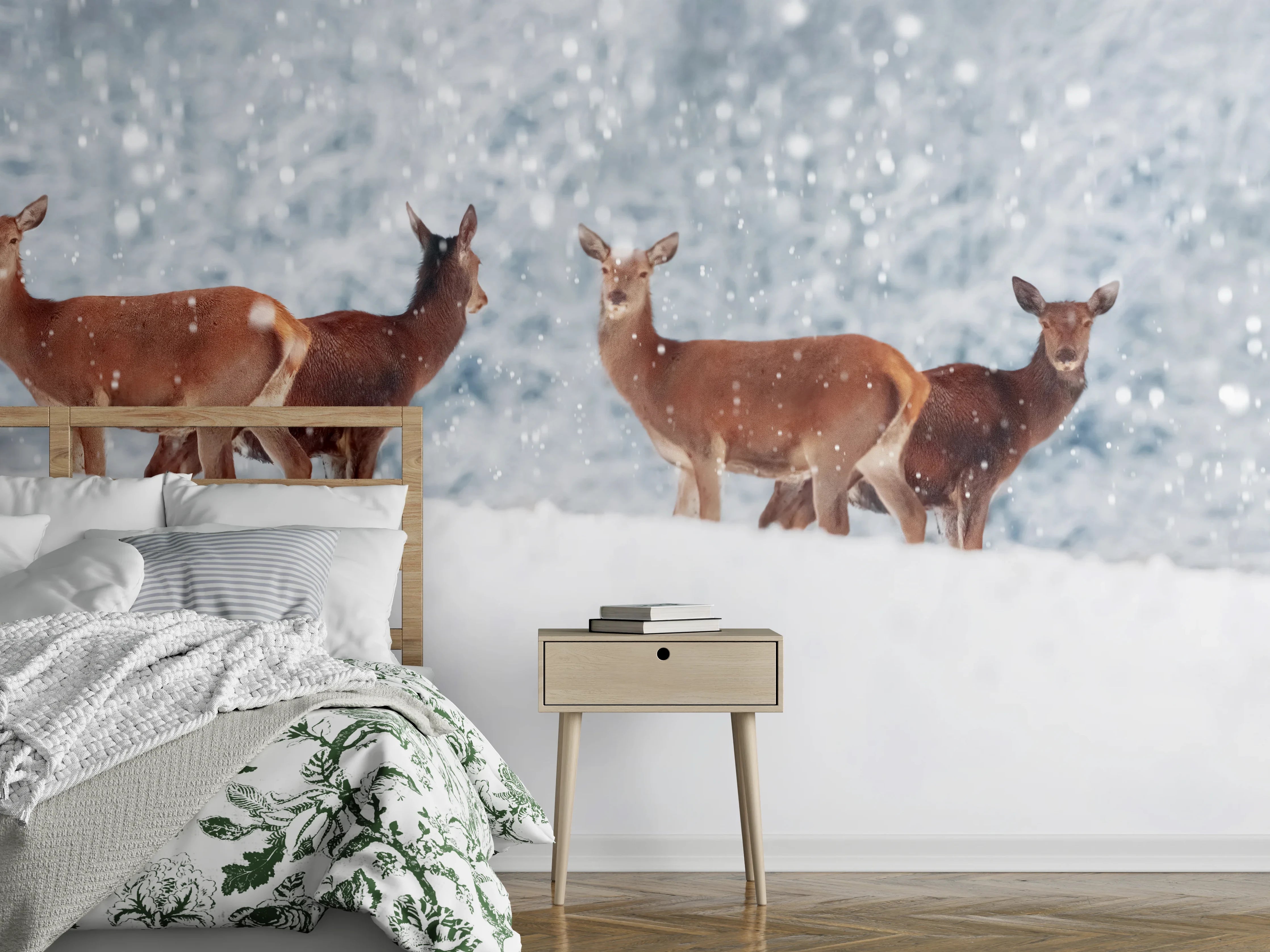 Wandverkleidung Schlafzimmer - Hirsche im weißen Winterpanorama