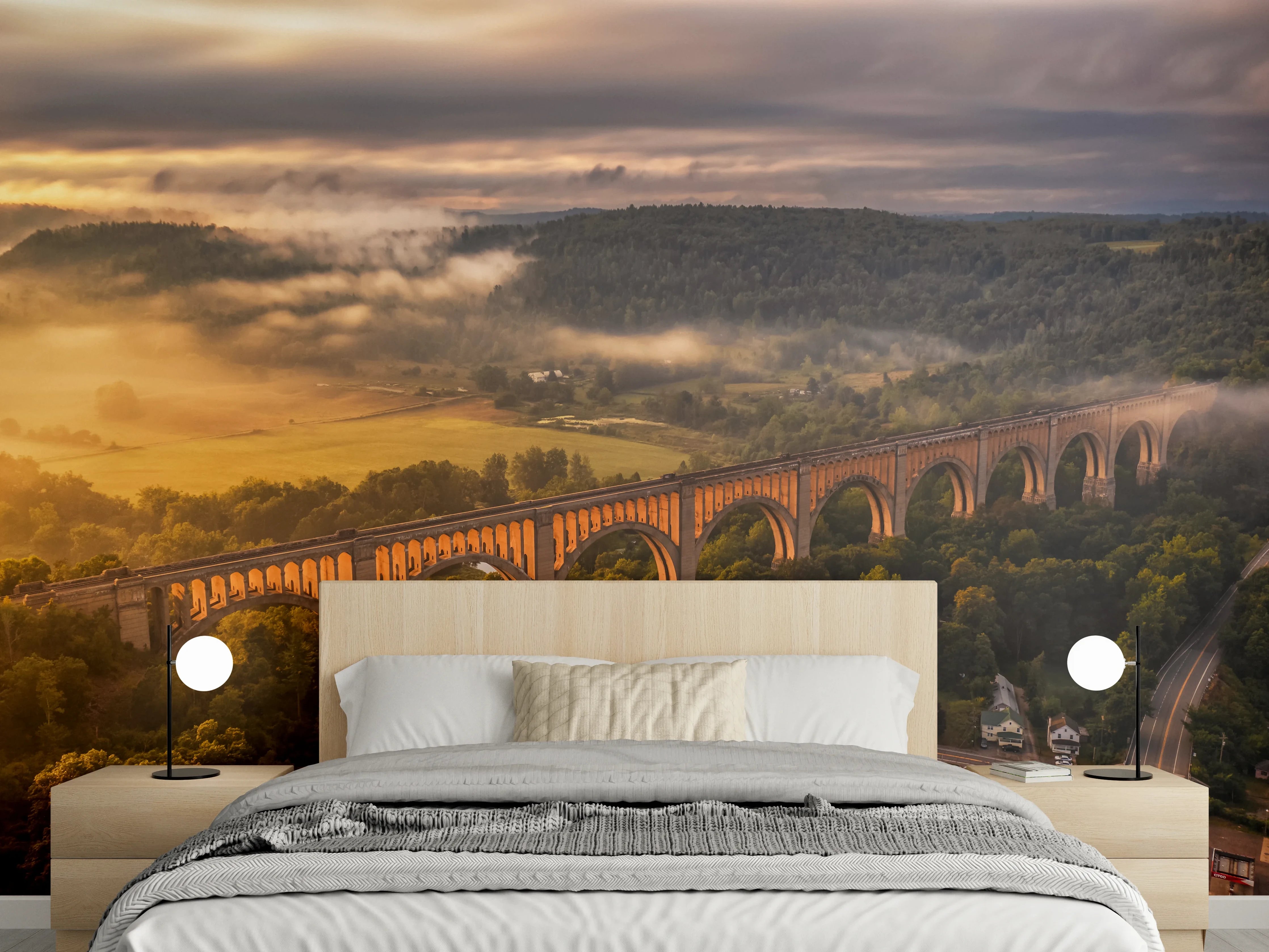 Wandverkleidung Schlafzimmer - Historische Brücke im Sonnenaufgang