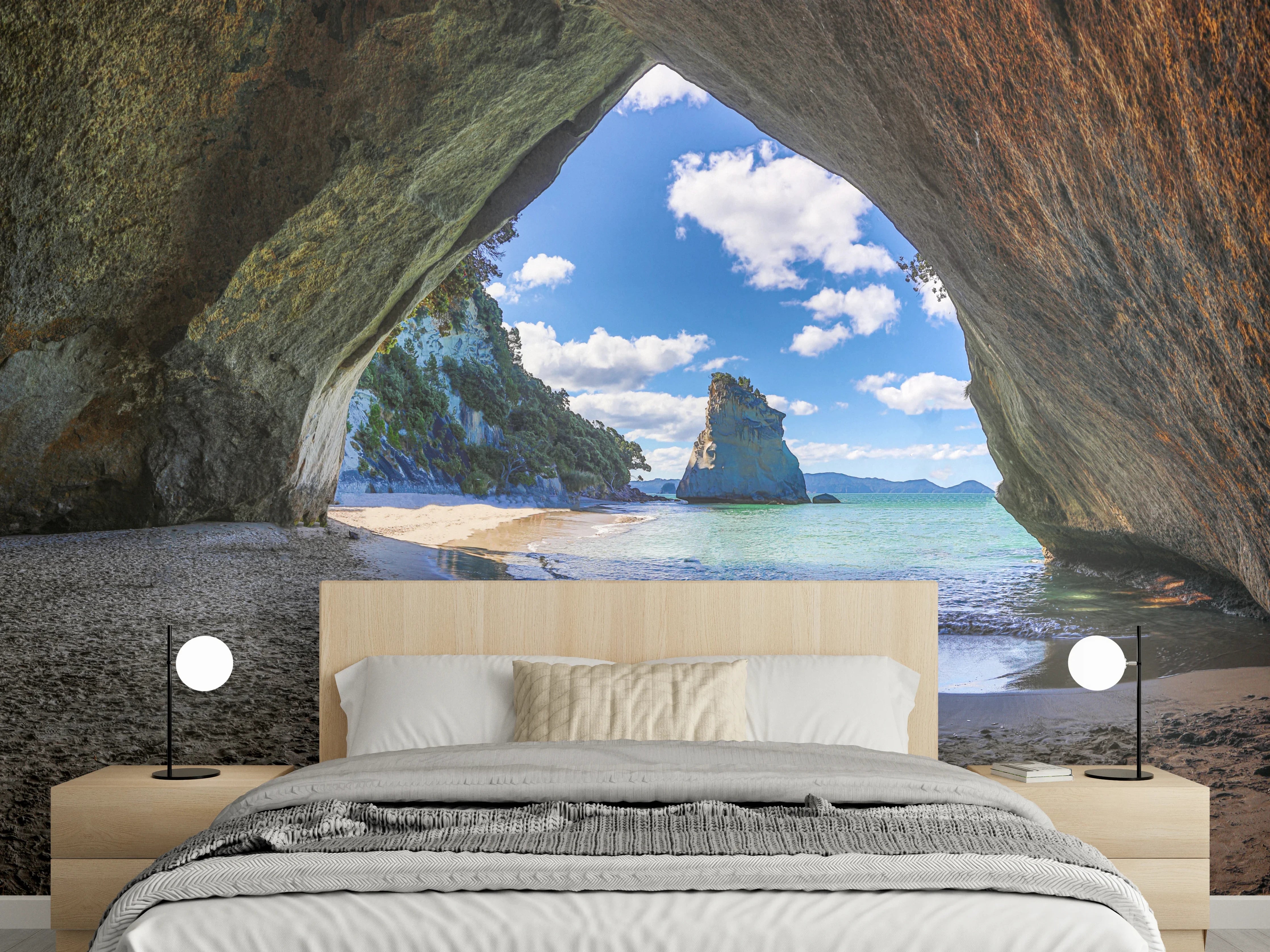 Wandverkleidung Schlafzimmer - Höhlenblick am türkisfarbenen Meer