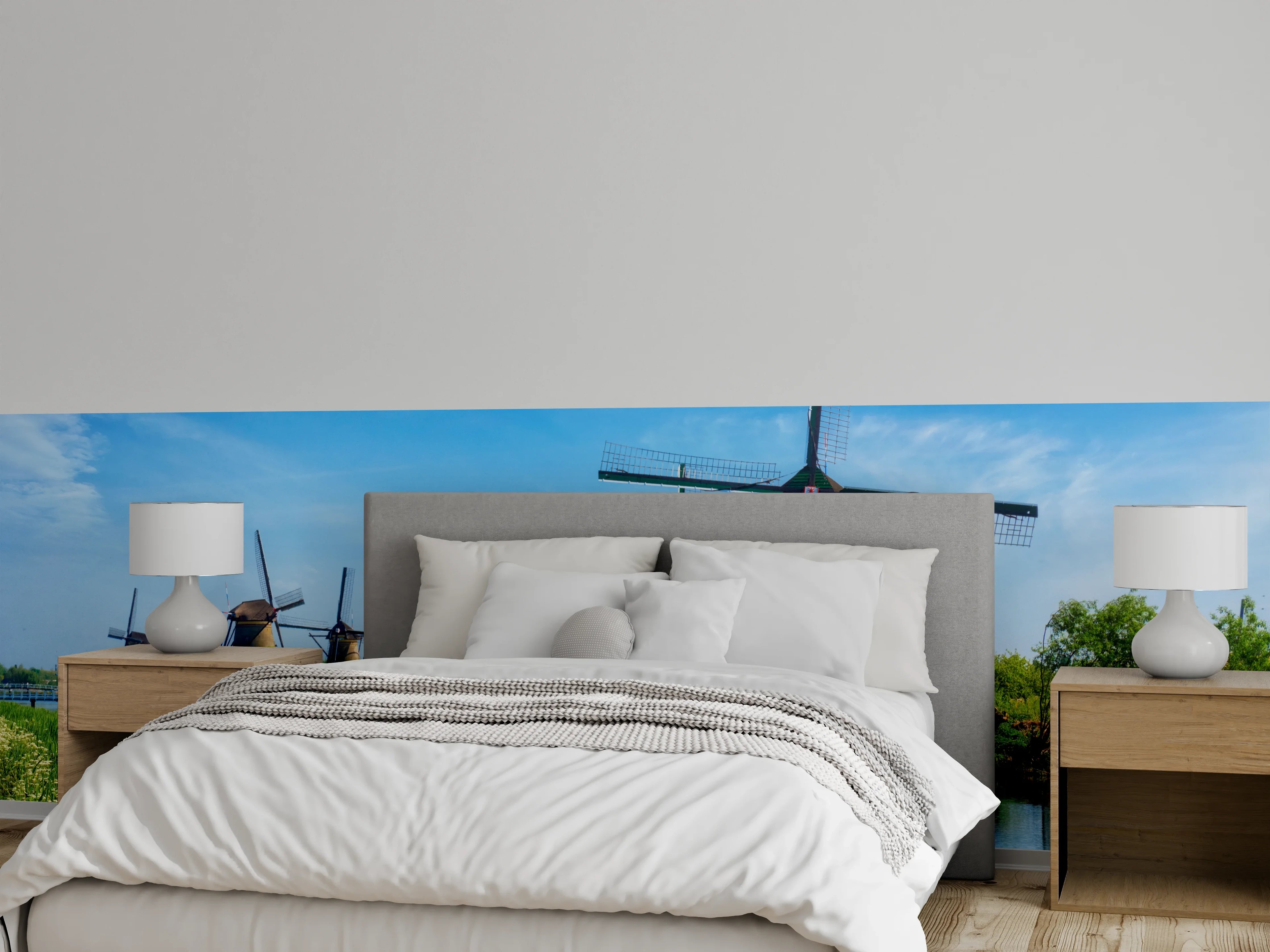Wandverkleidung Schlafzimmer - Holländische Windmühlen am Flussufer