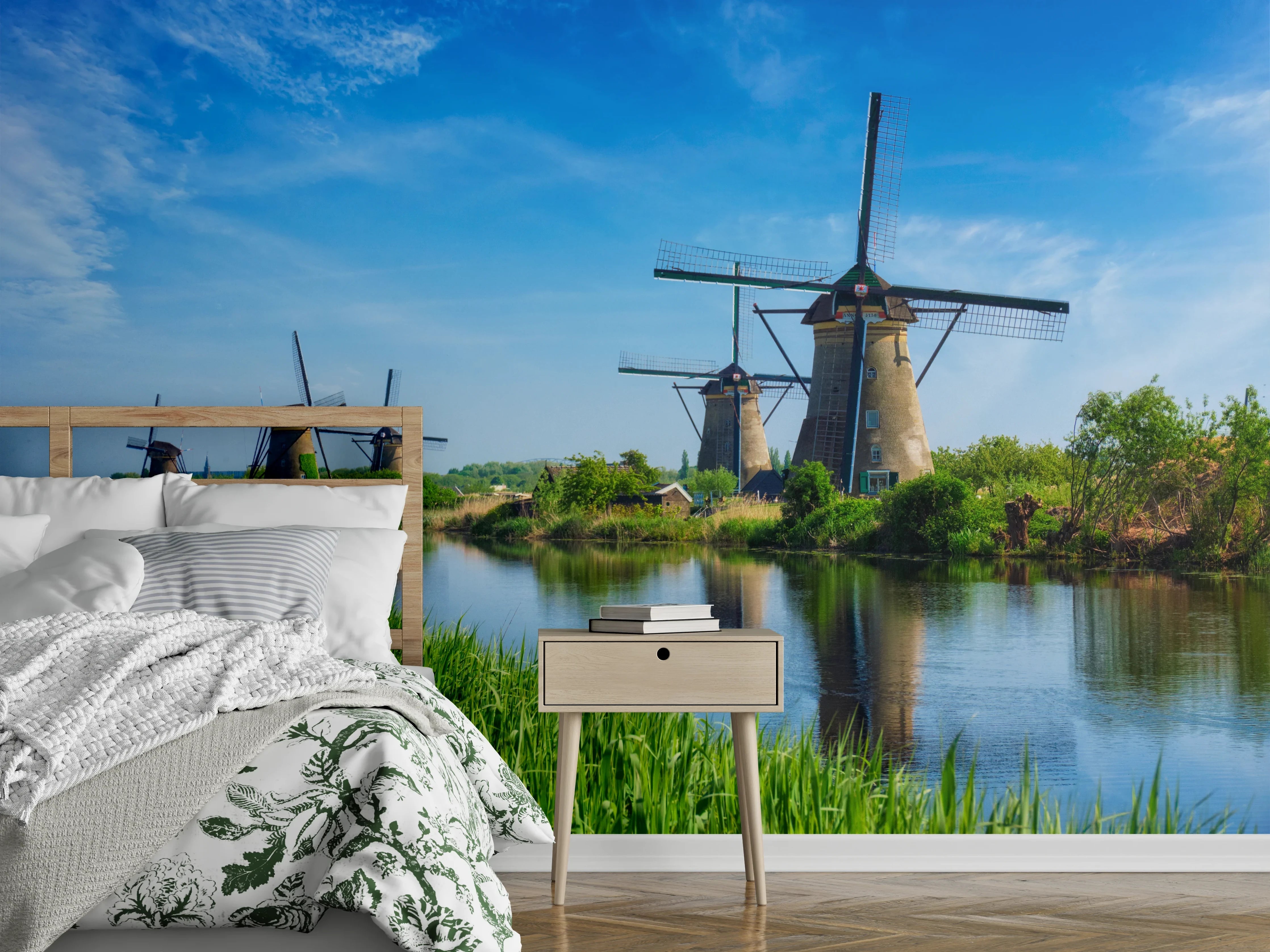 Wandverkleidung Schlafzimmer - Holländische Windmühlen am Flussufer