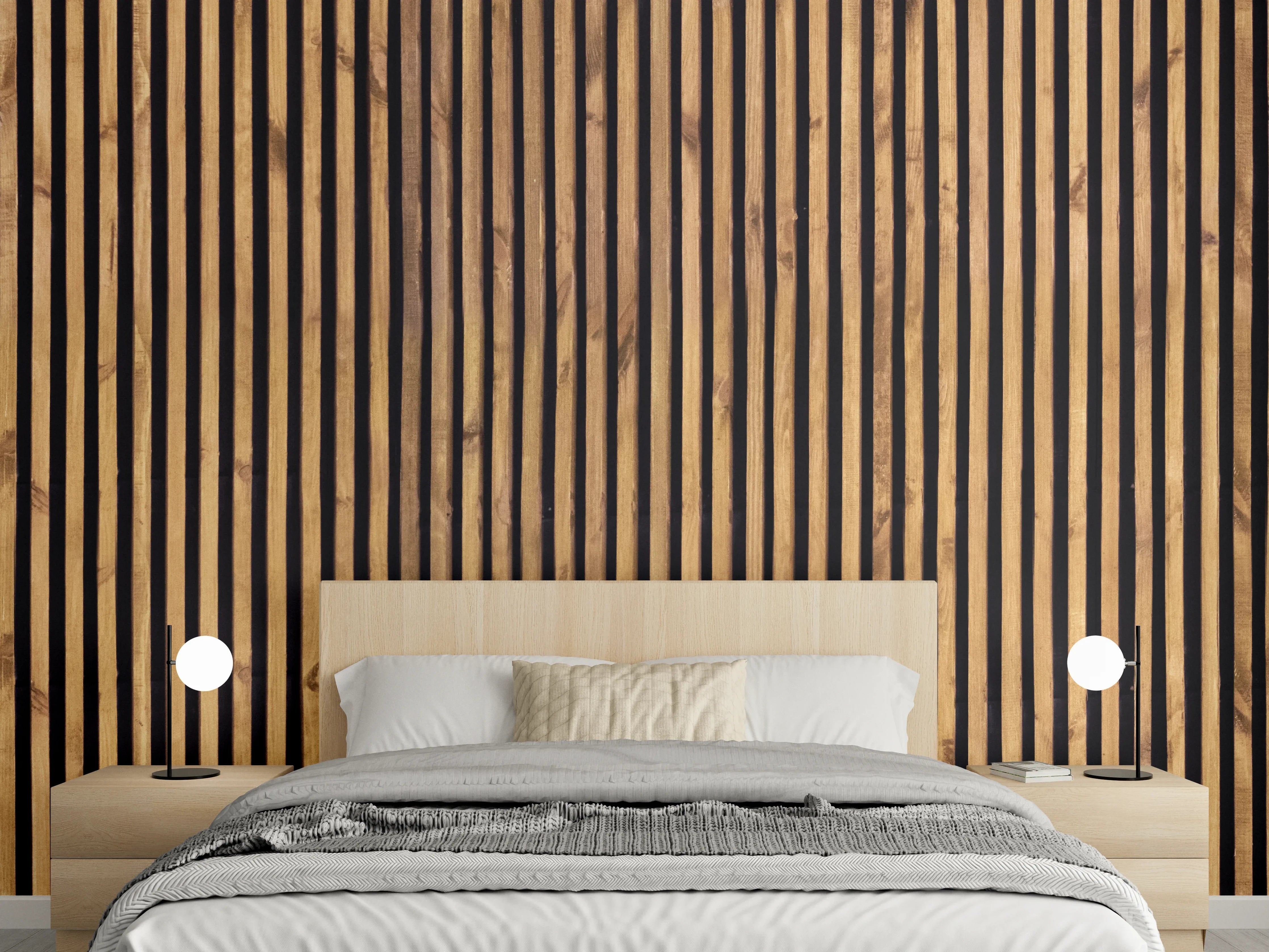 Wandverkleidung Schlafzimmer - Holz-Design mit schwarzen Linien