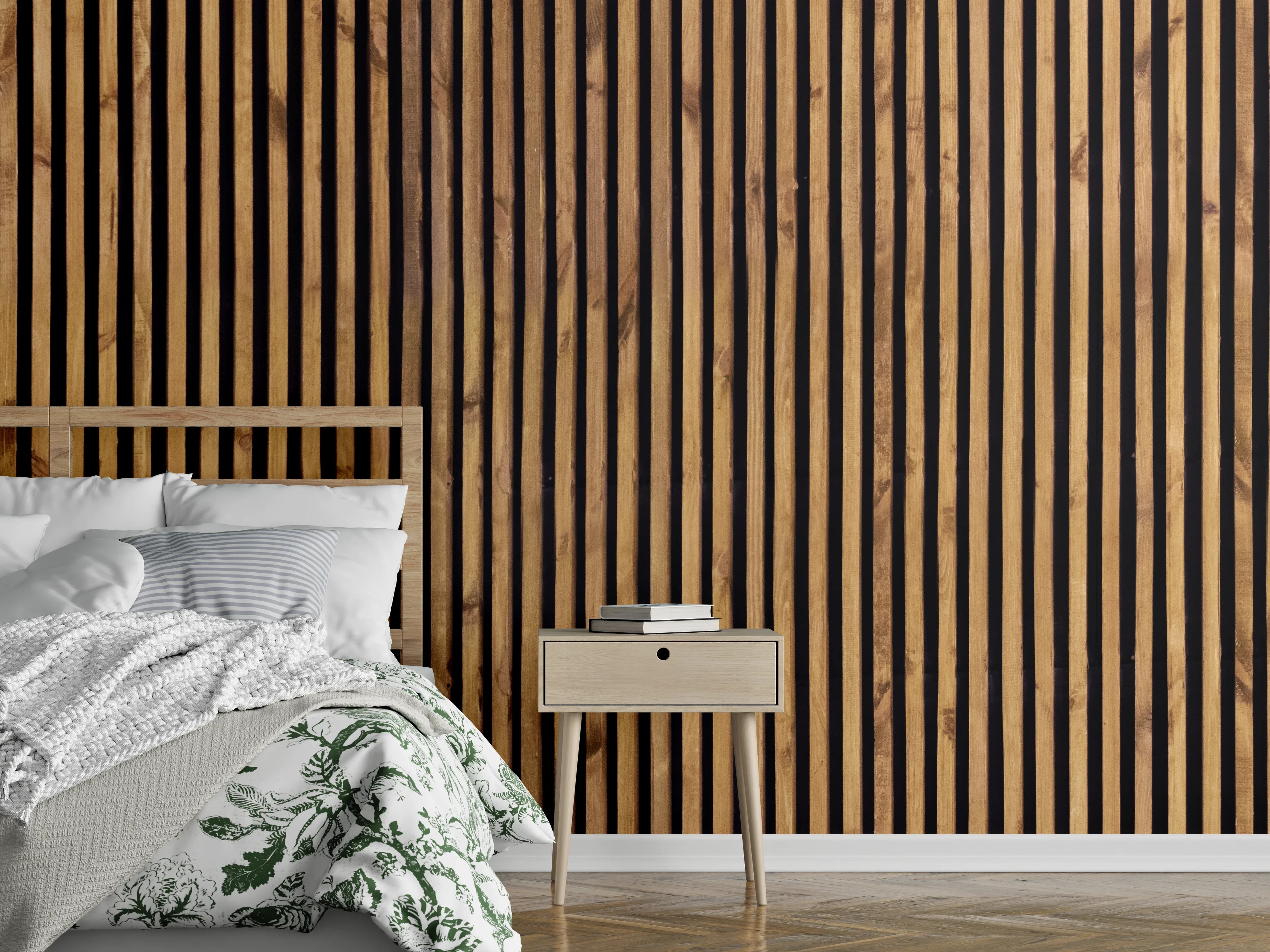 Wandverkleidung Schlafzimmer - Holz-Design mit schwarzen Linien