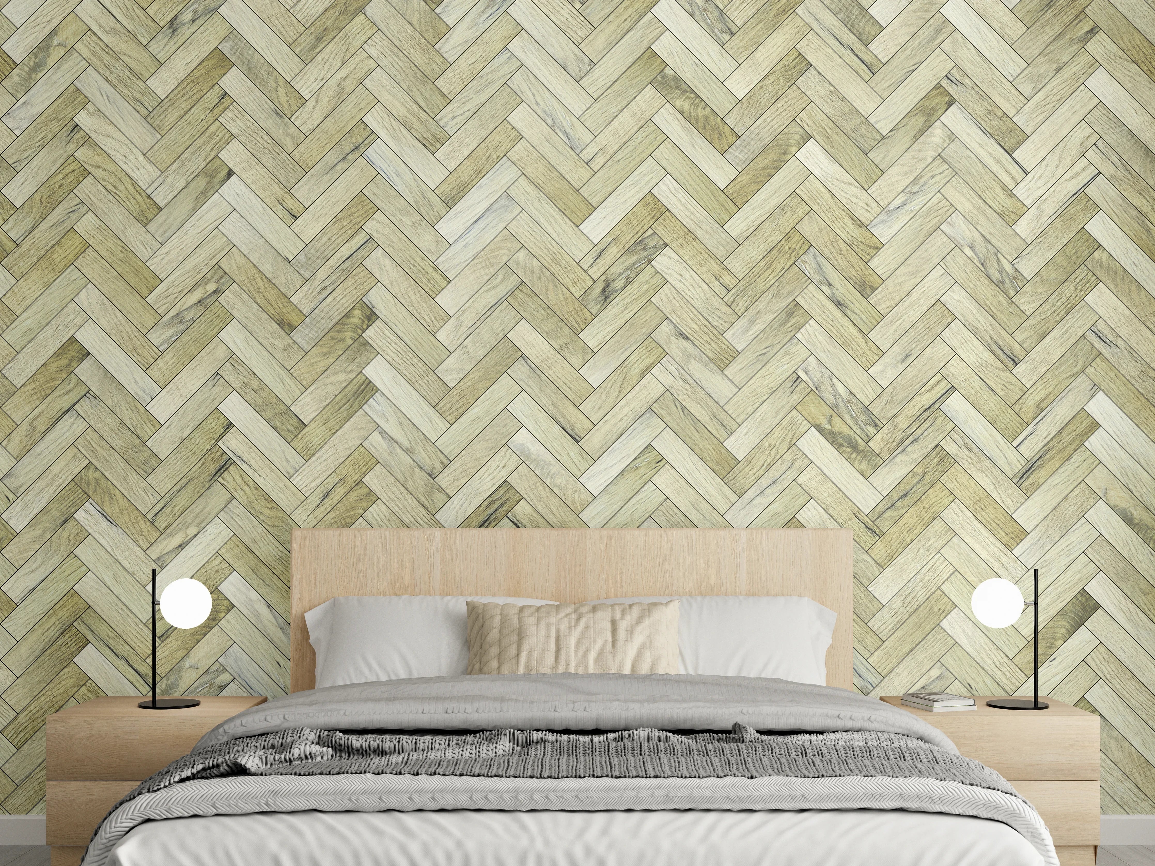 Wandverkleidung Schlafzimmer - Holzoptik Fischgrätmuster Tapete modern