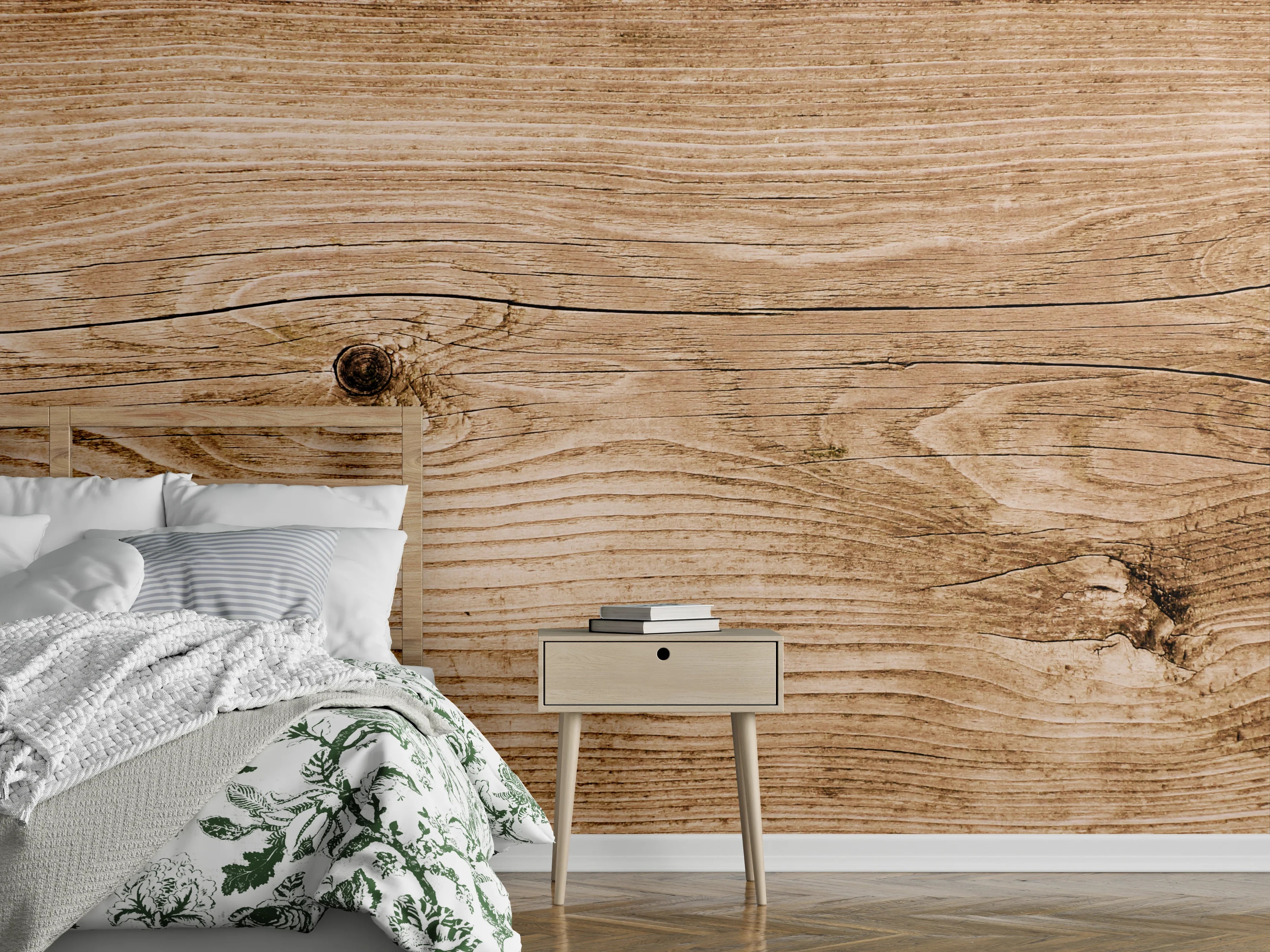 Wandverkleidung Schlafzimmer - Holzoptik in warmen Braun- und Beigetönen