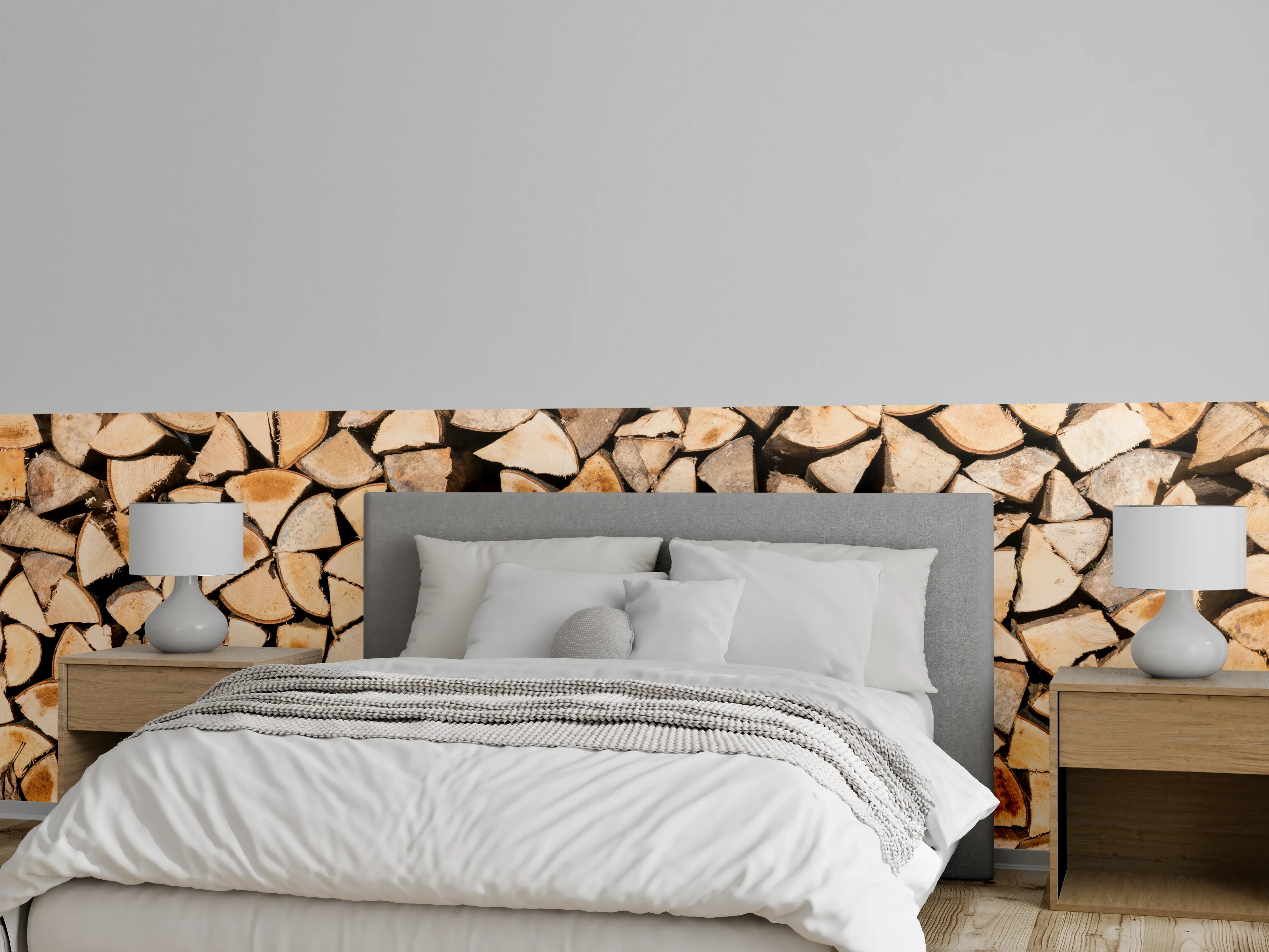 Wandverkleidung Schlafzimmer - Holzscheite Panorama