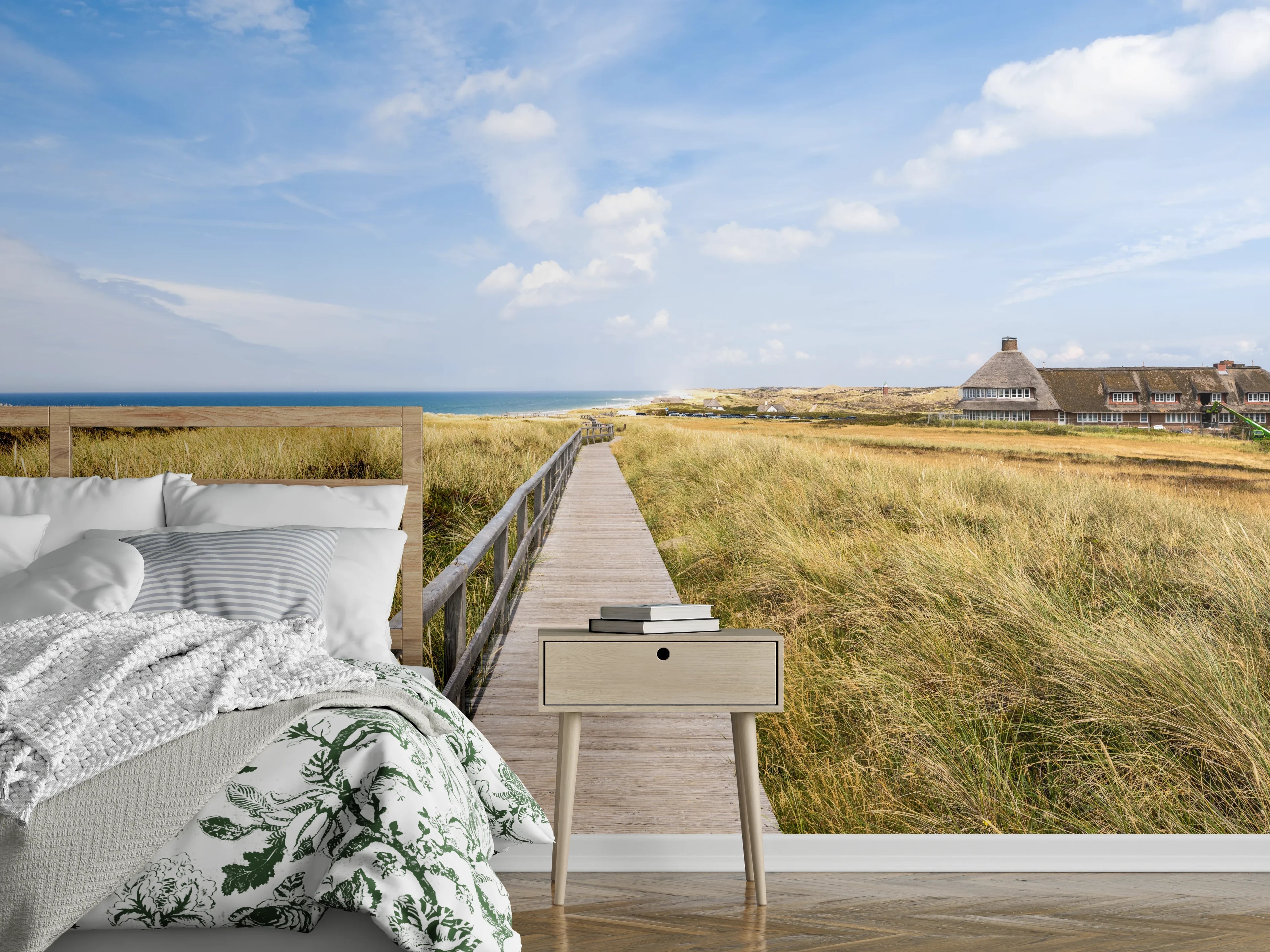 Wandverkleidung Schlafzimmer - Holzsteg durch Dünen zum Meer