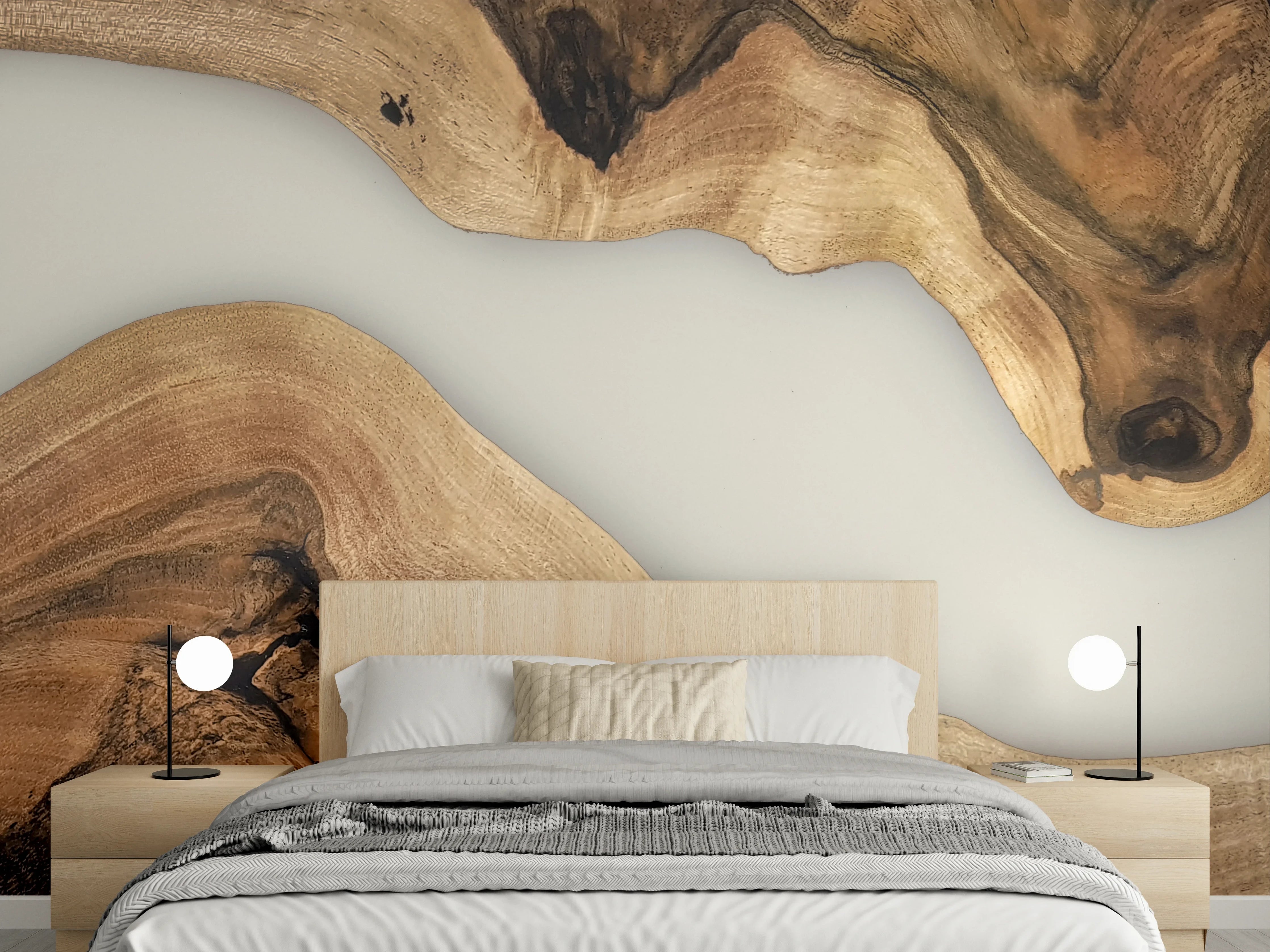 Wandverkleidung Schlafzimmer - Holzstruktur Flusslauf Wandbild