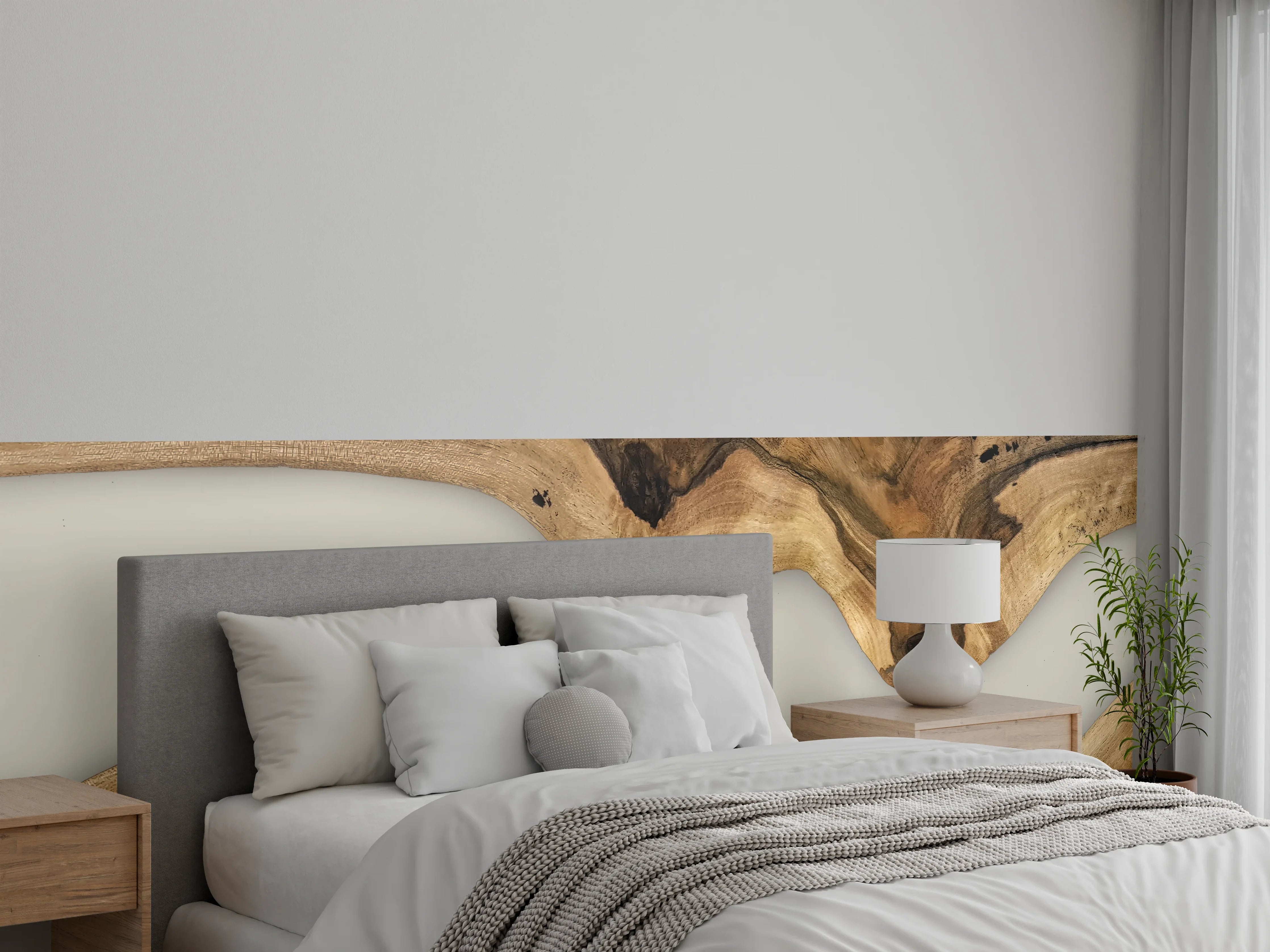 Wandverkleidung Schlafzimmer - Holzstruktur Flusslauf Wandbild