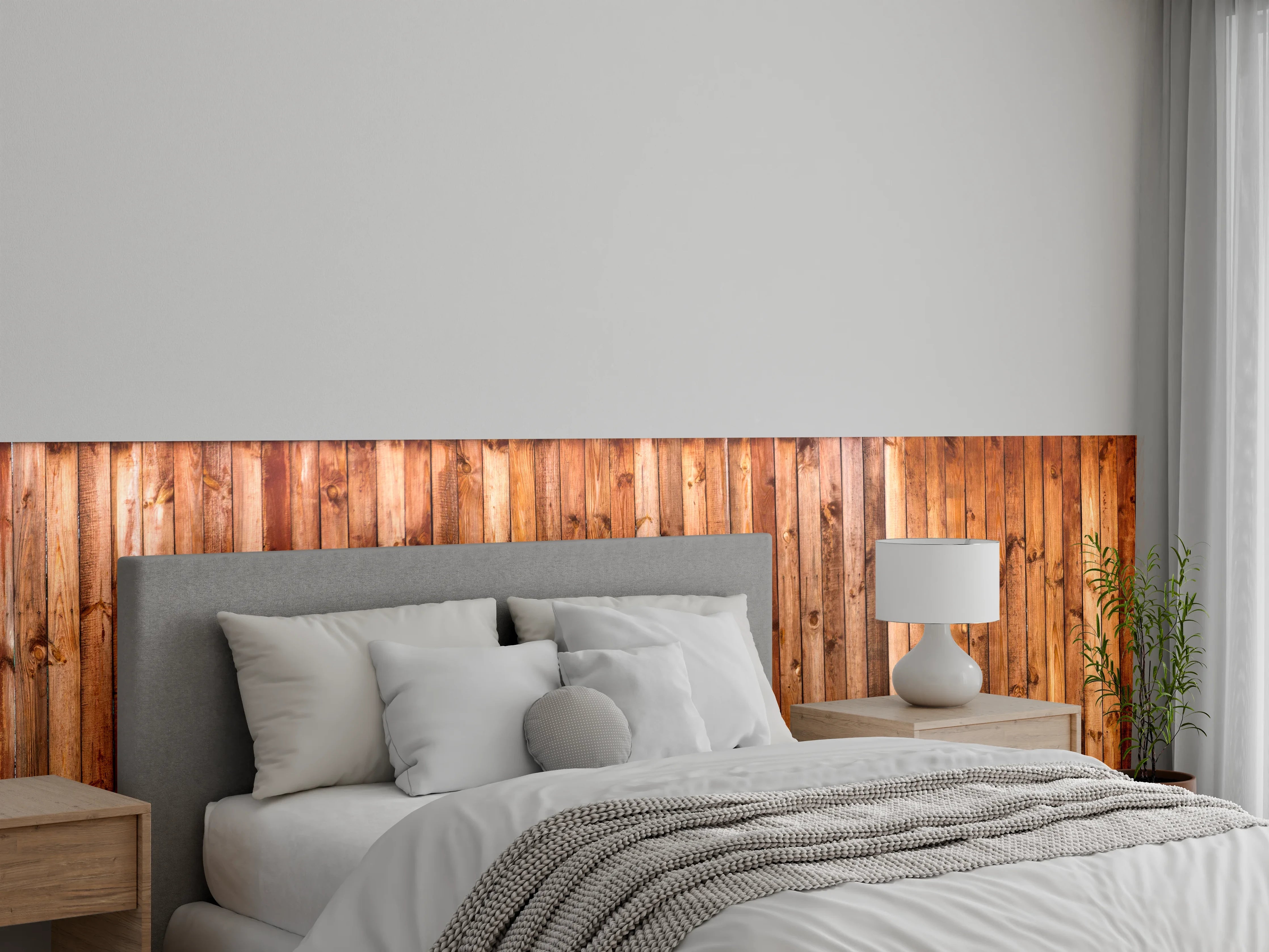 Wandverkleidung Schlafzimmer - Holzstruktur Planken Panorama
