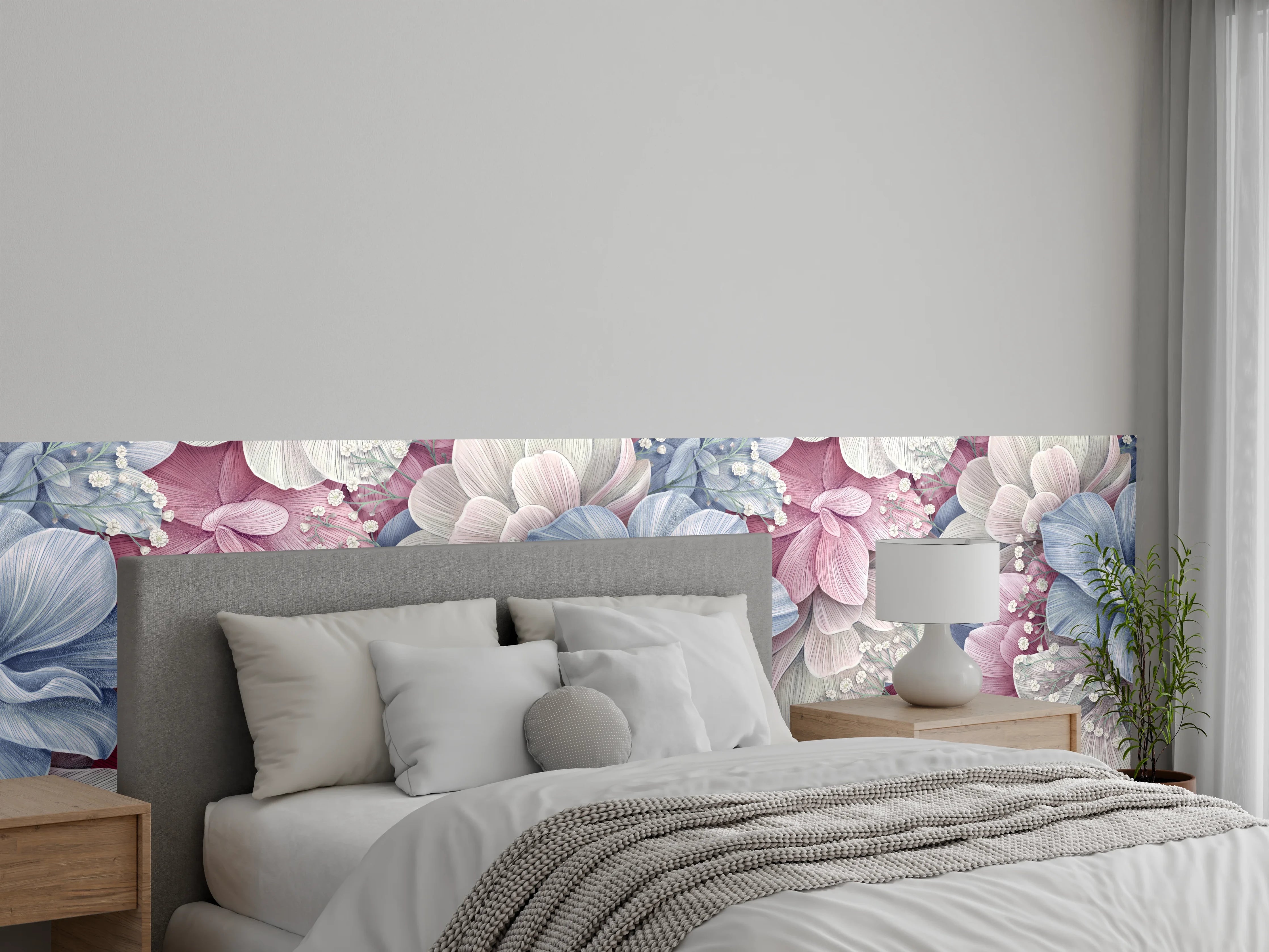 Wandverkleidung Schlafzimmer - Hortensienblüten - Aquarellmalerei