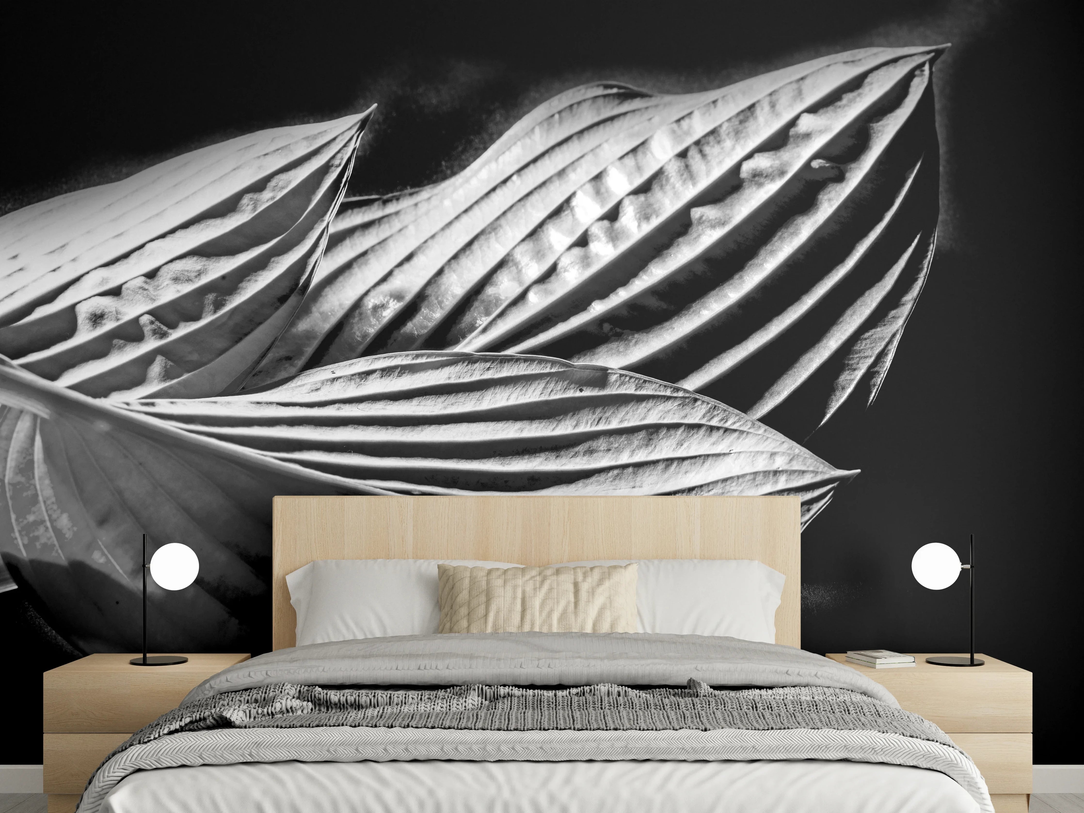 Wandverkleidung Schlafzimmer - Hosta-Blätter Schwarz-Weiß Kunstfoto