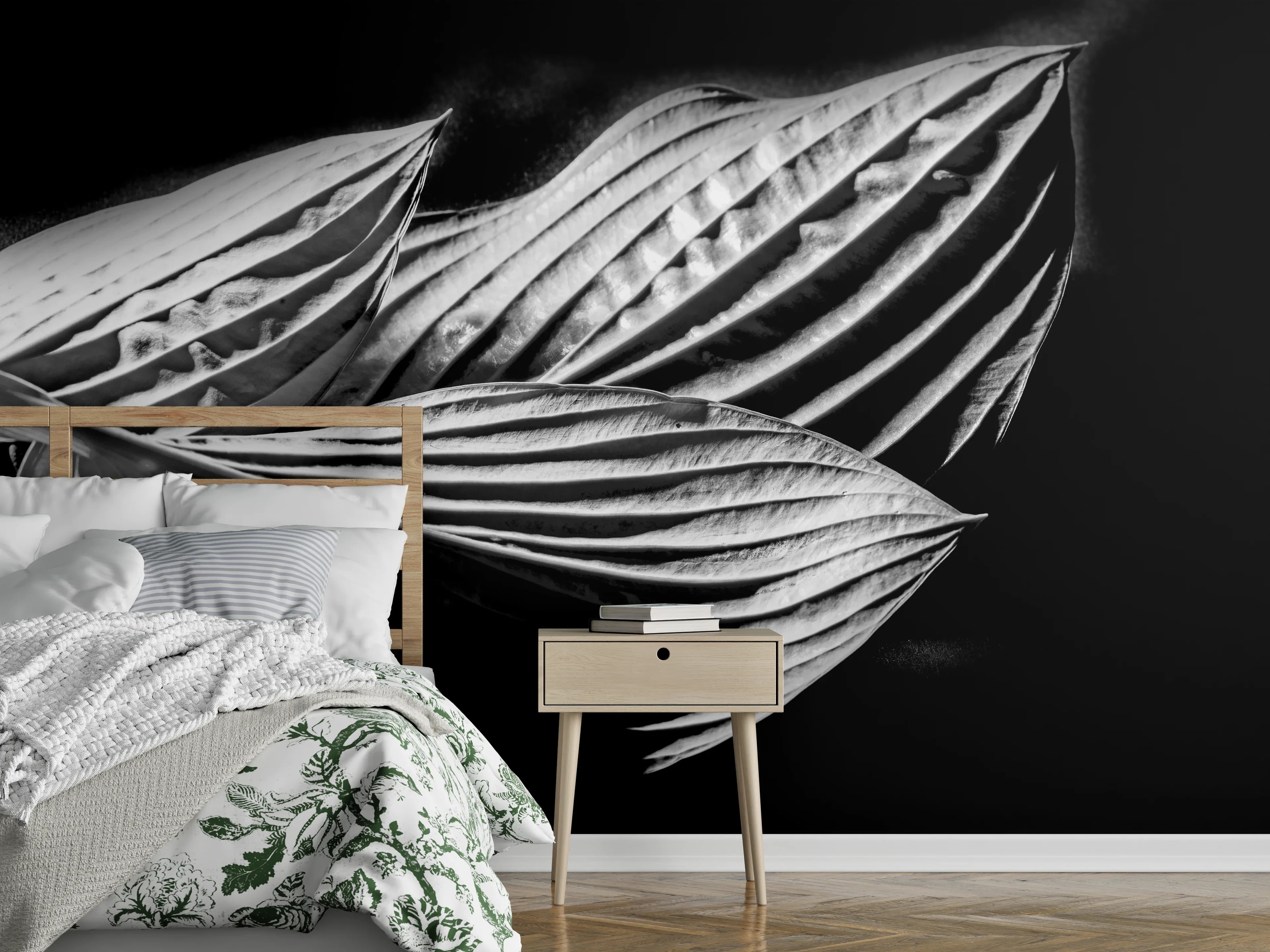 Wandverkleidung Schlafzimmer - Hosta-Blätter Schwarz-Weiß Kunstfoto
