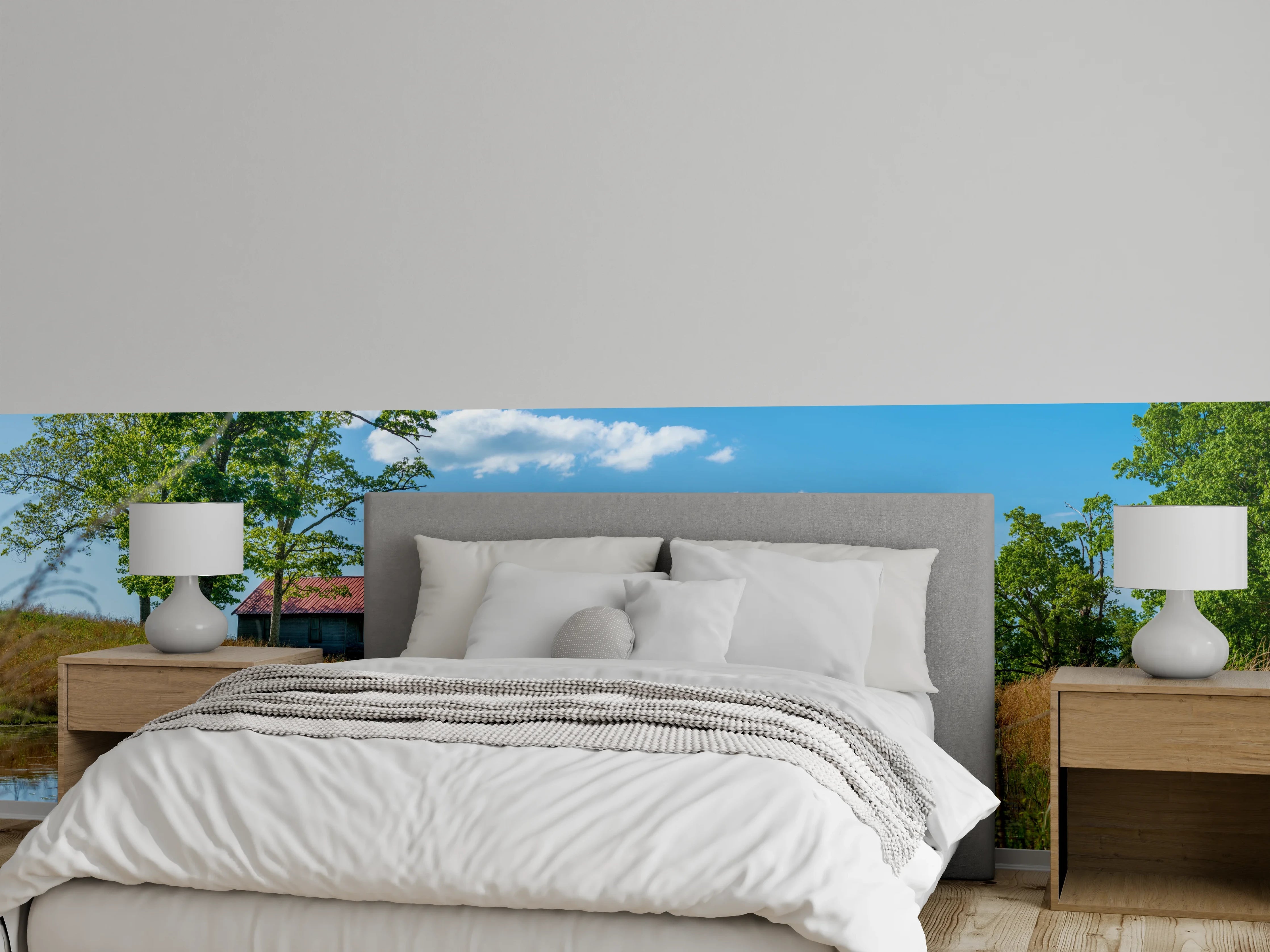 Wandverkleidung Schlafzimmer - Idyllische Landschaft mit See und Haus