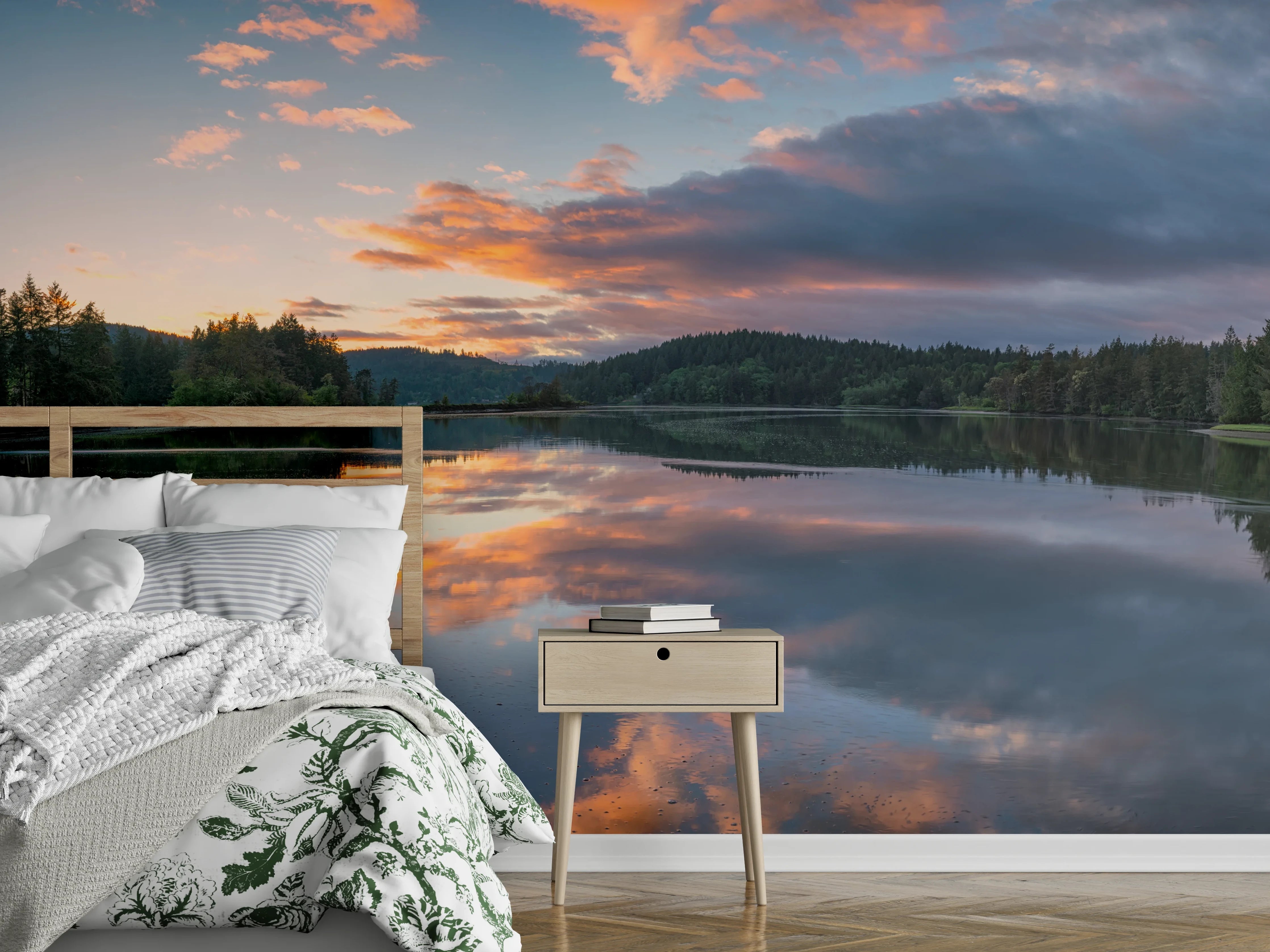 Wandverkleidung Schlafzimmer - Idyllischer See bei Sonnenuntergang