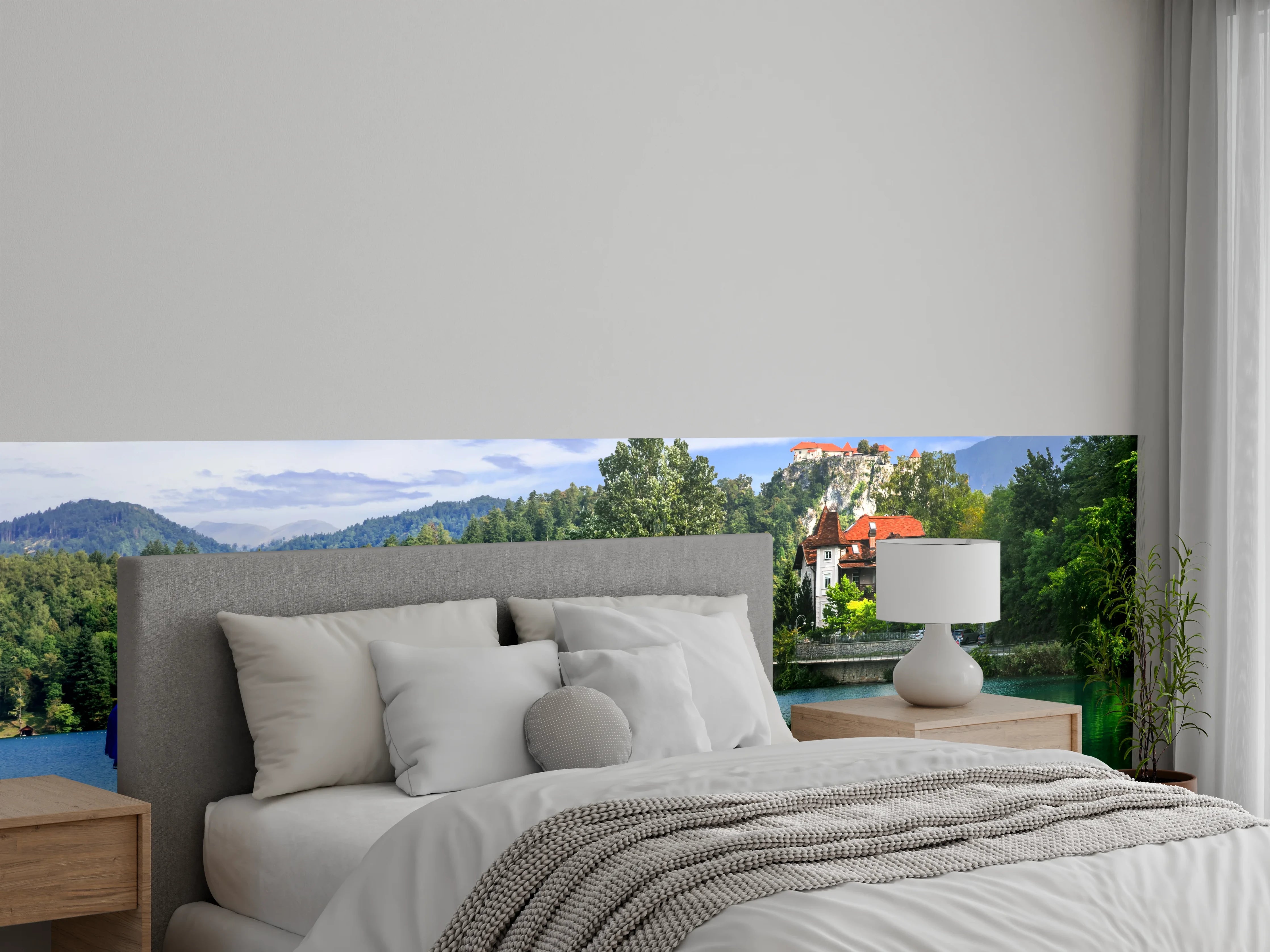 Wandverkleidung Schlafzimmer - Idyllischer See mit historischer Villa