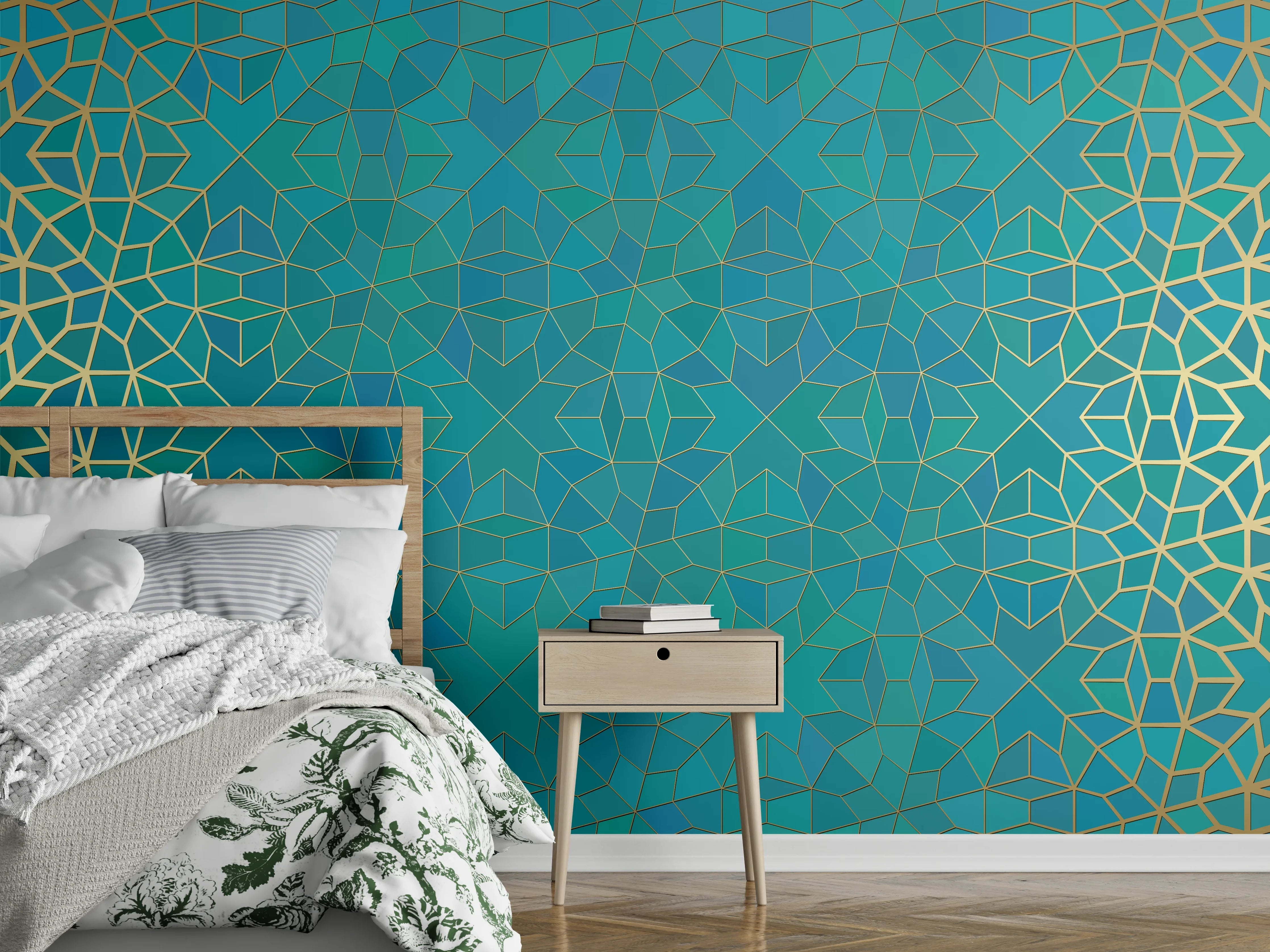 Wandverkleidung Schlafzimmer - Islamische Muster Blauverlauf