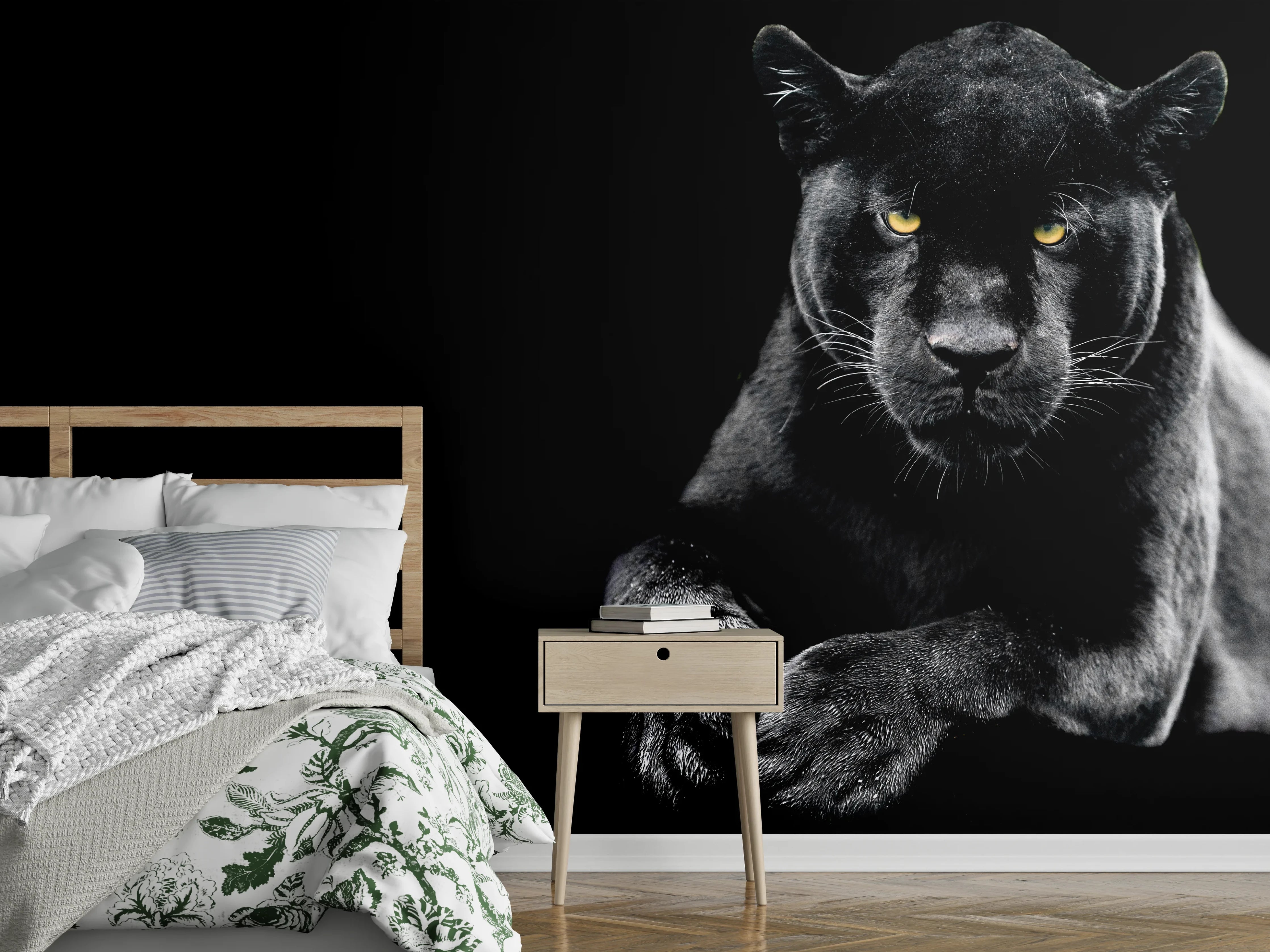 Wandverkleidung Schlafzimmer - Jaguar auf schwarzem Hintergrund
