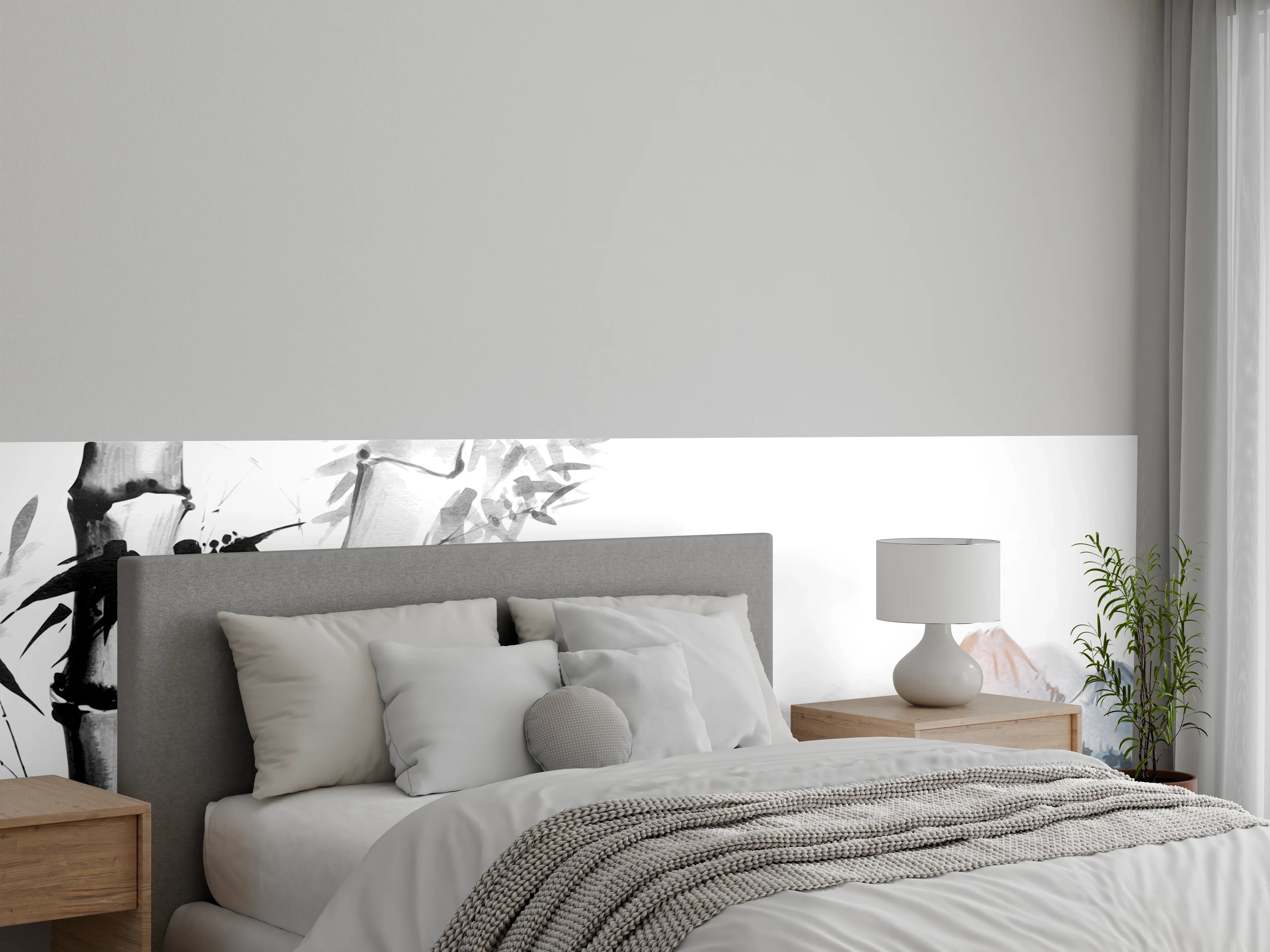 Wandverkleidung Schlafzimmer - Japanische Aquarell-Kunst: Bambus & Berge