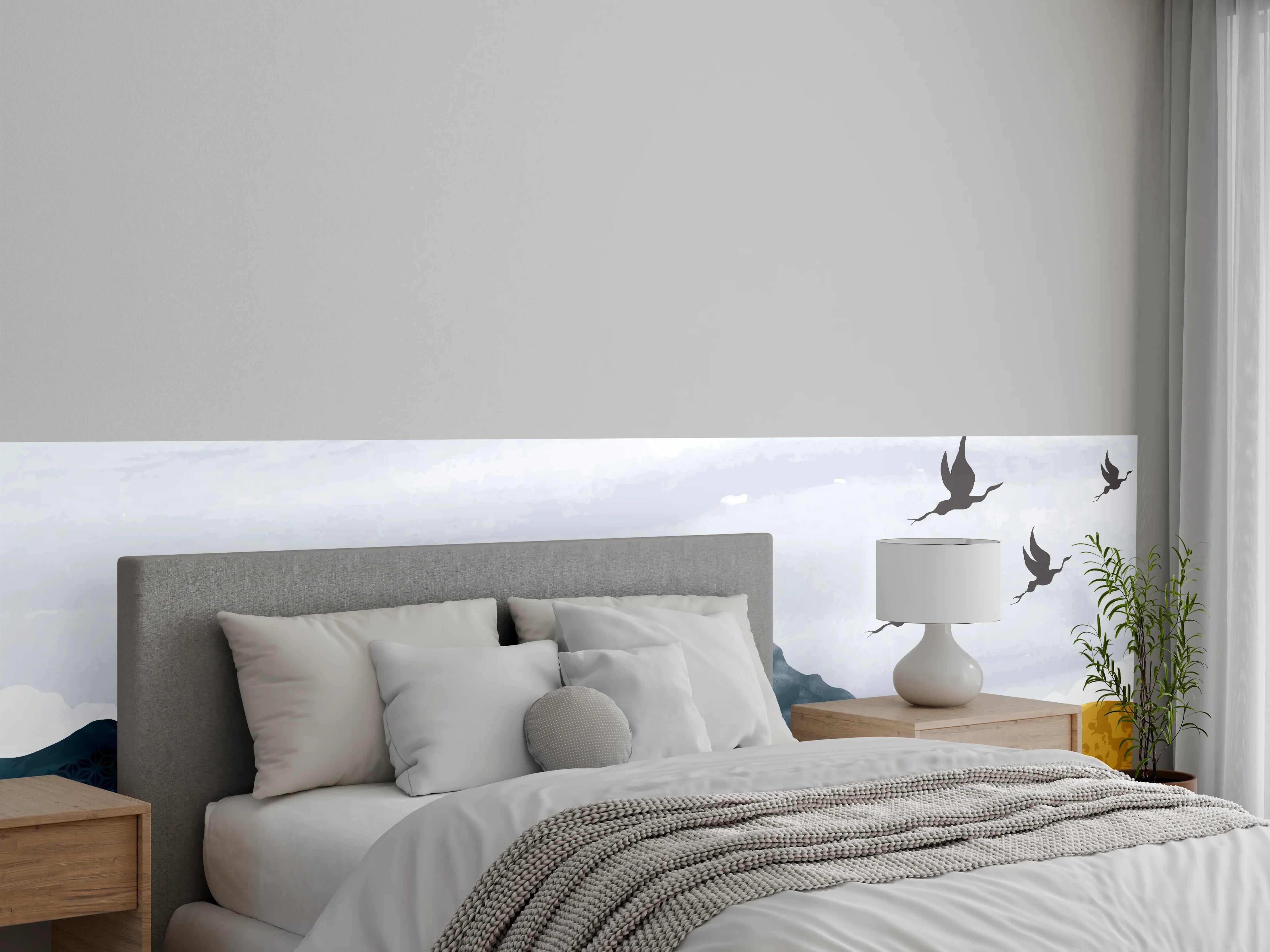 Wandverkleidung Schlafzimmer - Japanische Aquarell Landschaft mit Kranichen