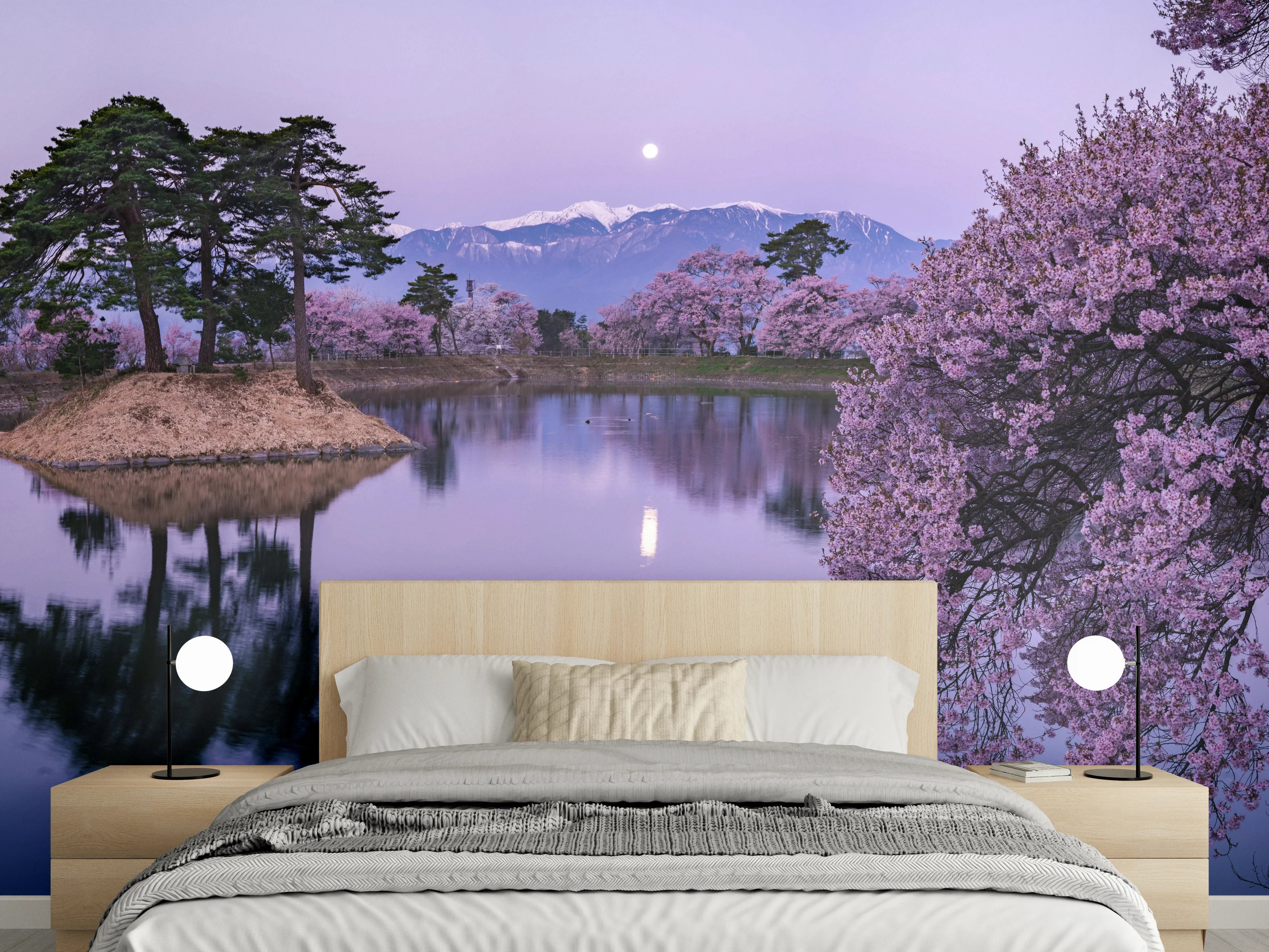 Wandverkleidung Schlafzimmer - Japanische Kirschblüte am See