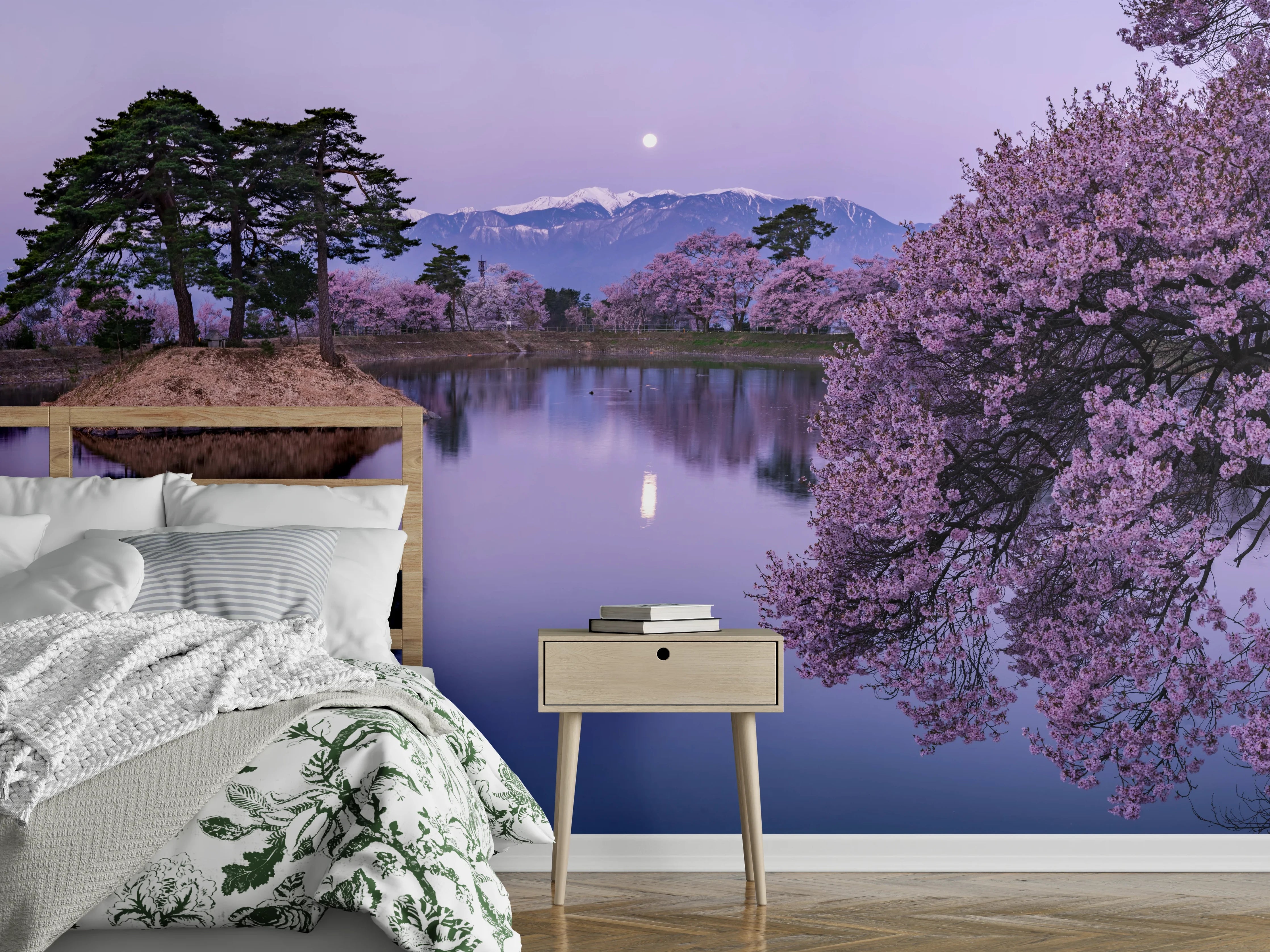 Wandverkleidung Schlafzimmer - Japanische Kirschblüte am See