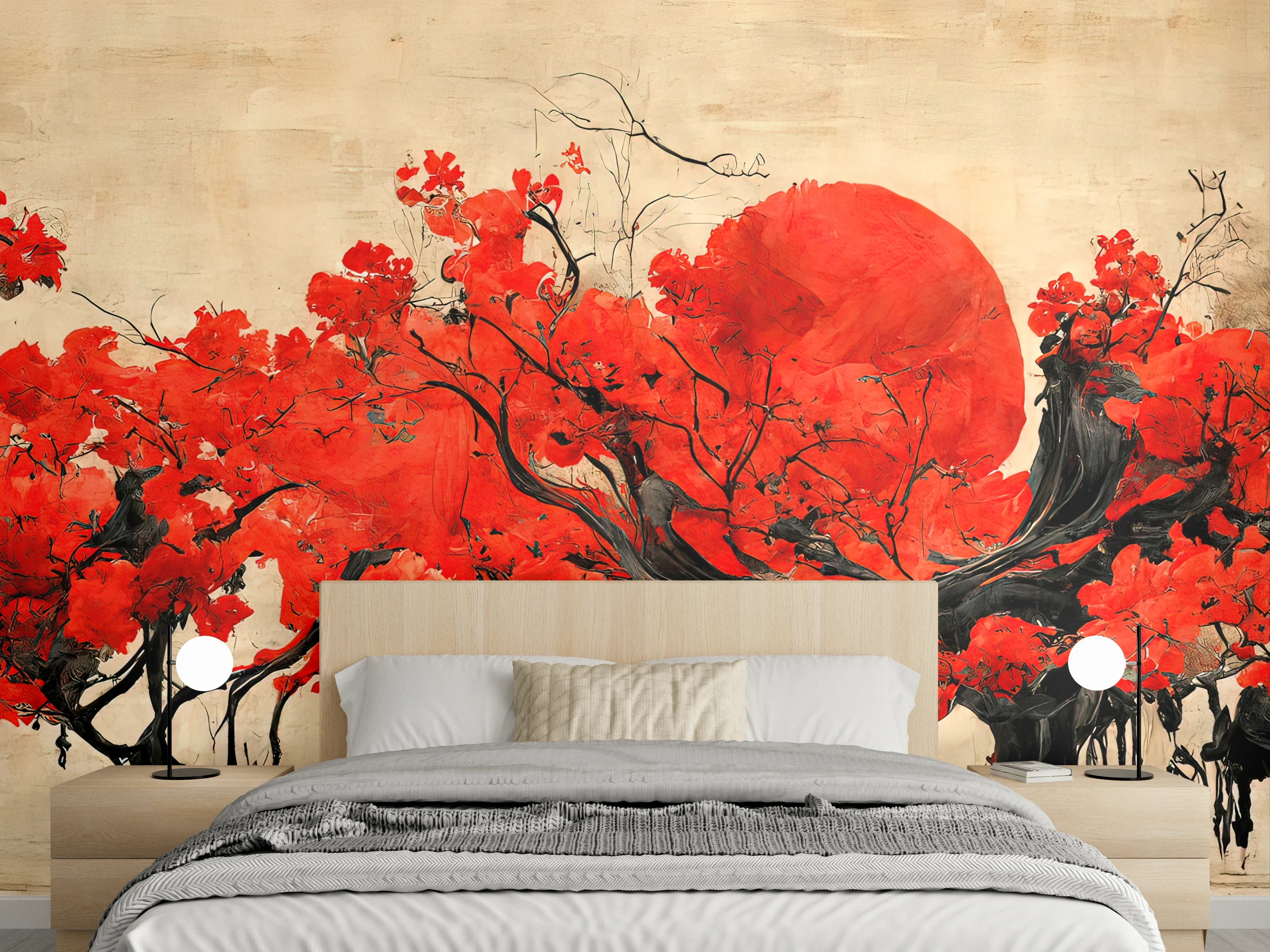 Wandverkleidung Schlafzimmer - Japanische Kirschblüten Kunst mit roter Sonne
