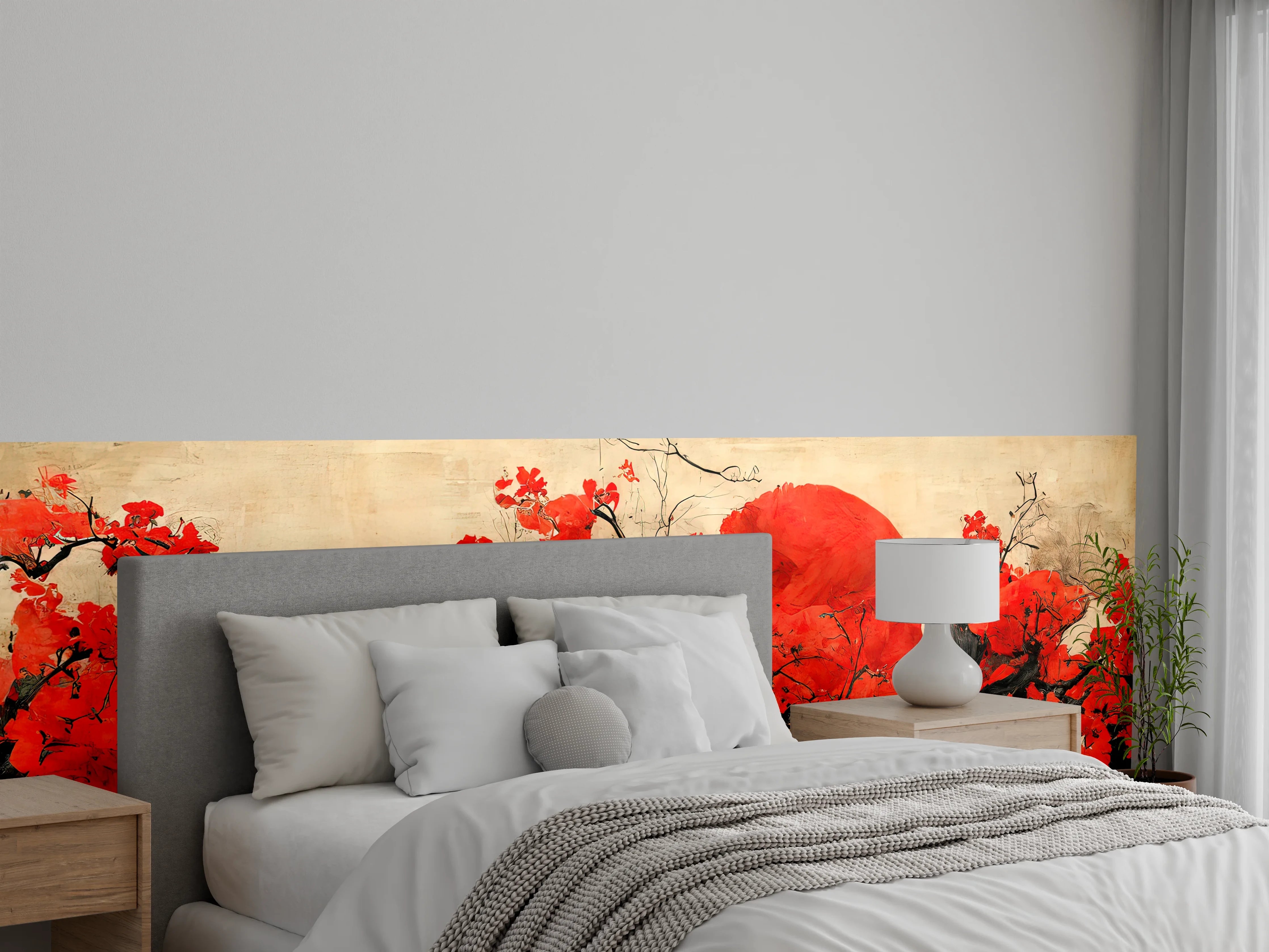 Wandverkleidung Schlafzimmer - Japanische Kirschblüten Kunst mit roter Sonne