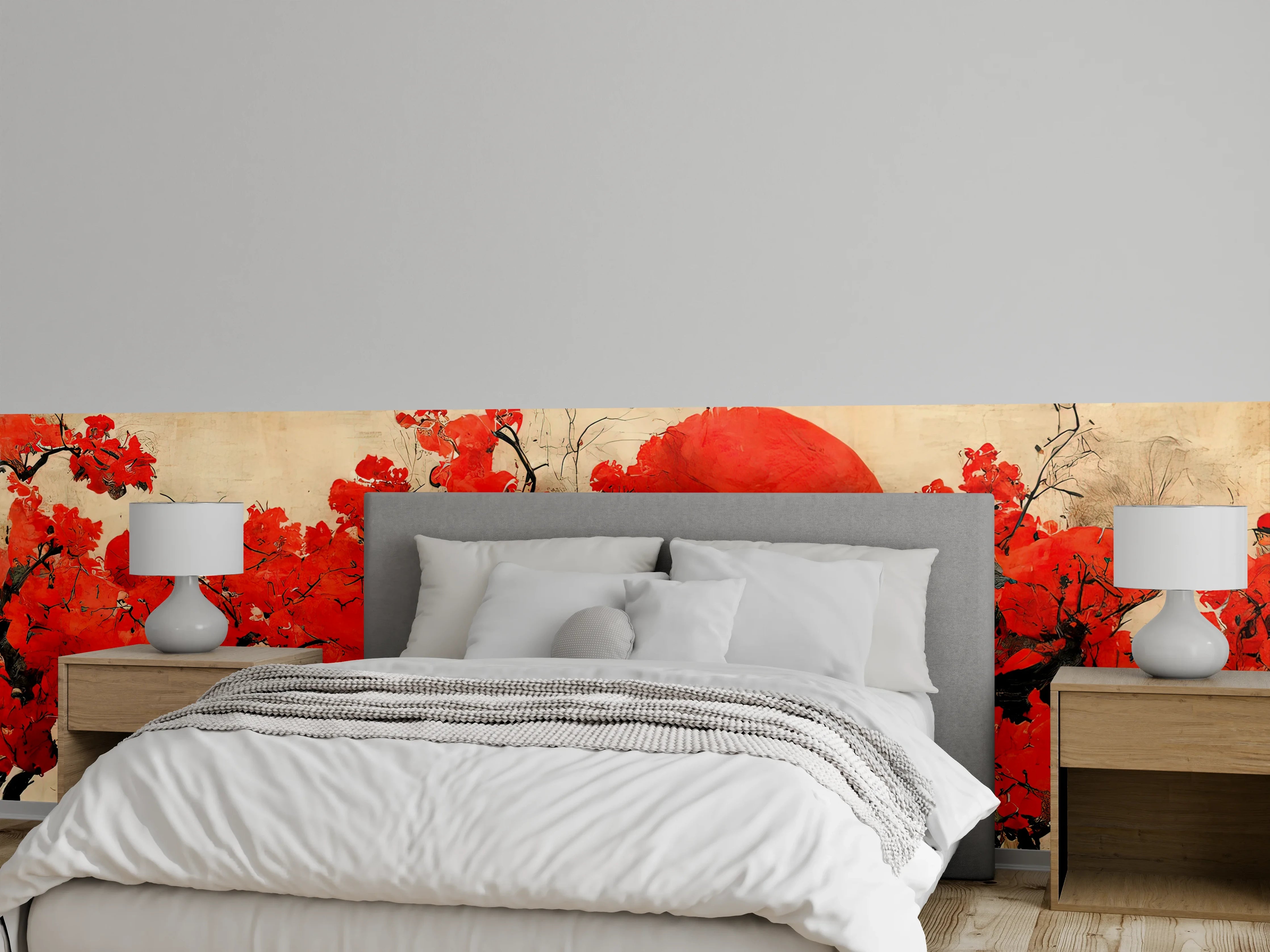 Wandverkleidung Schlafzimmer - Japanische Kirschblüten Kunst mit roter Sonne