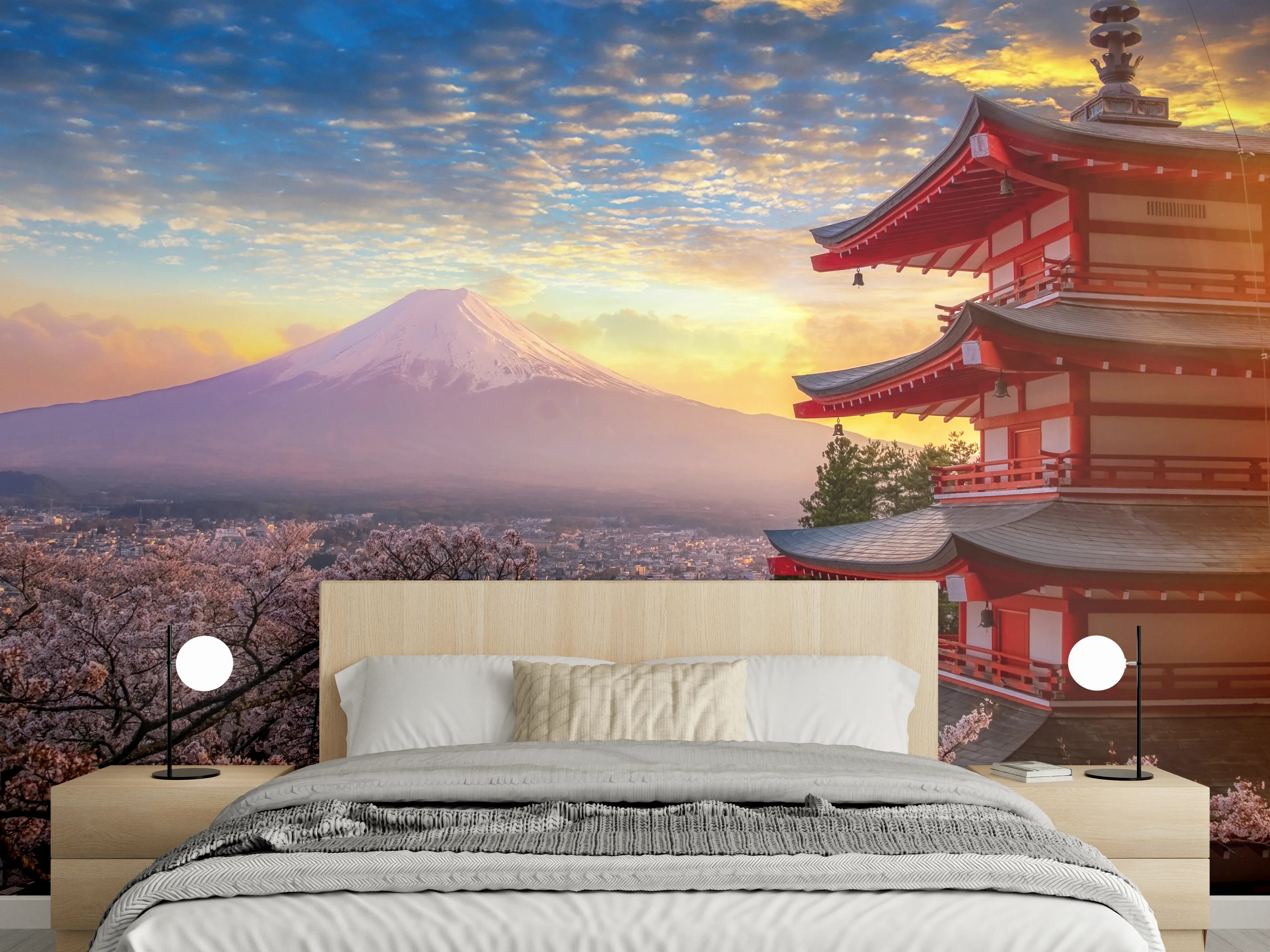 Wandverkleidung Schlafzimmer - Japanische Pagode mit Fuji bei Sonnenuntergang