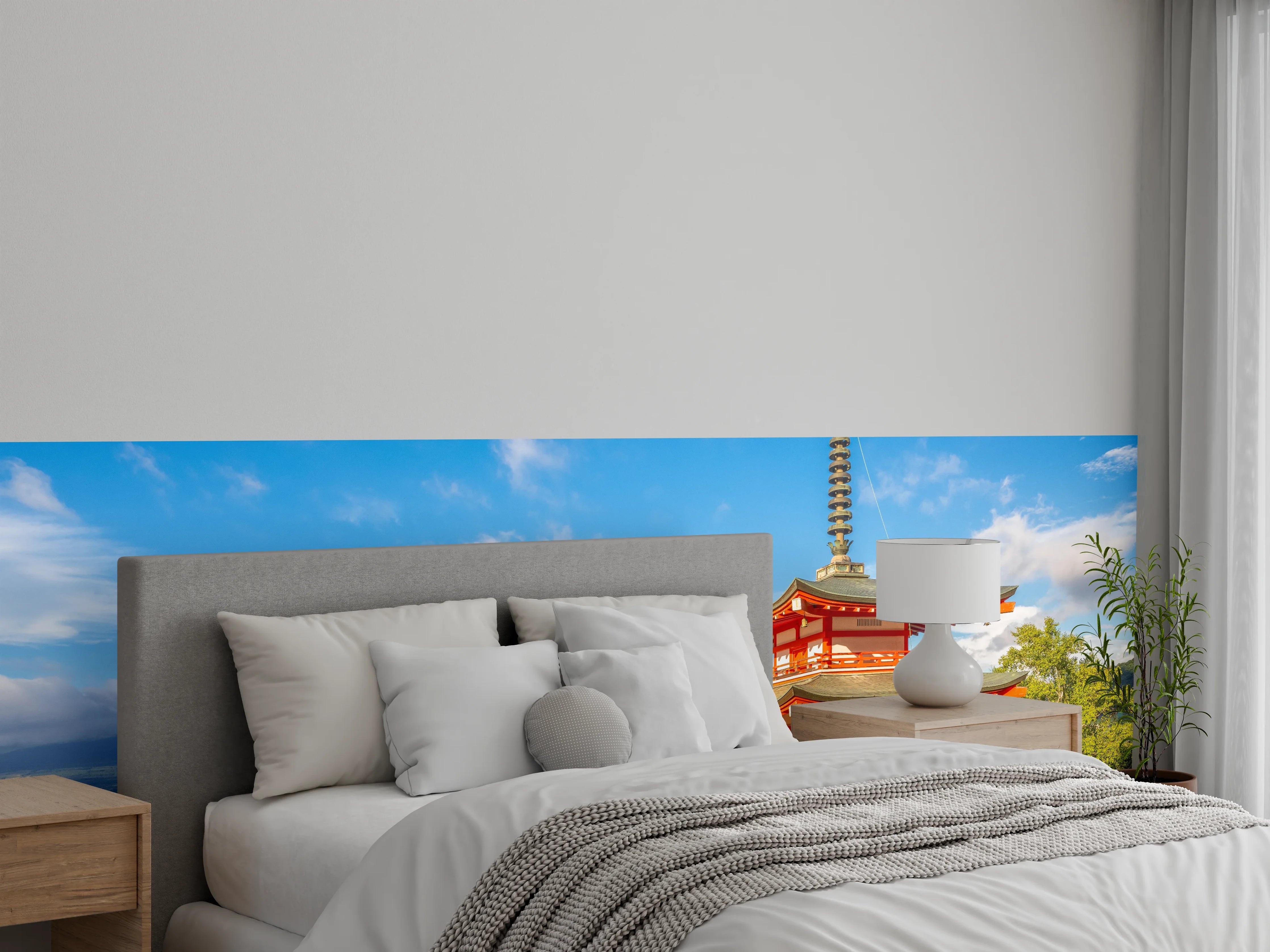 Wandverkleidung Schlafzimmer - Japanische Pagode mit Fuji im Hintergrund