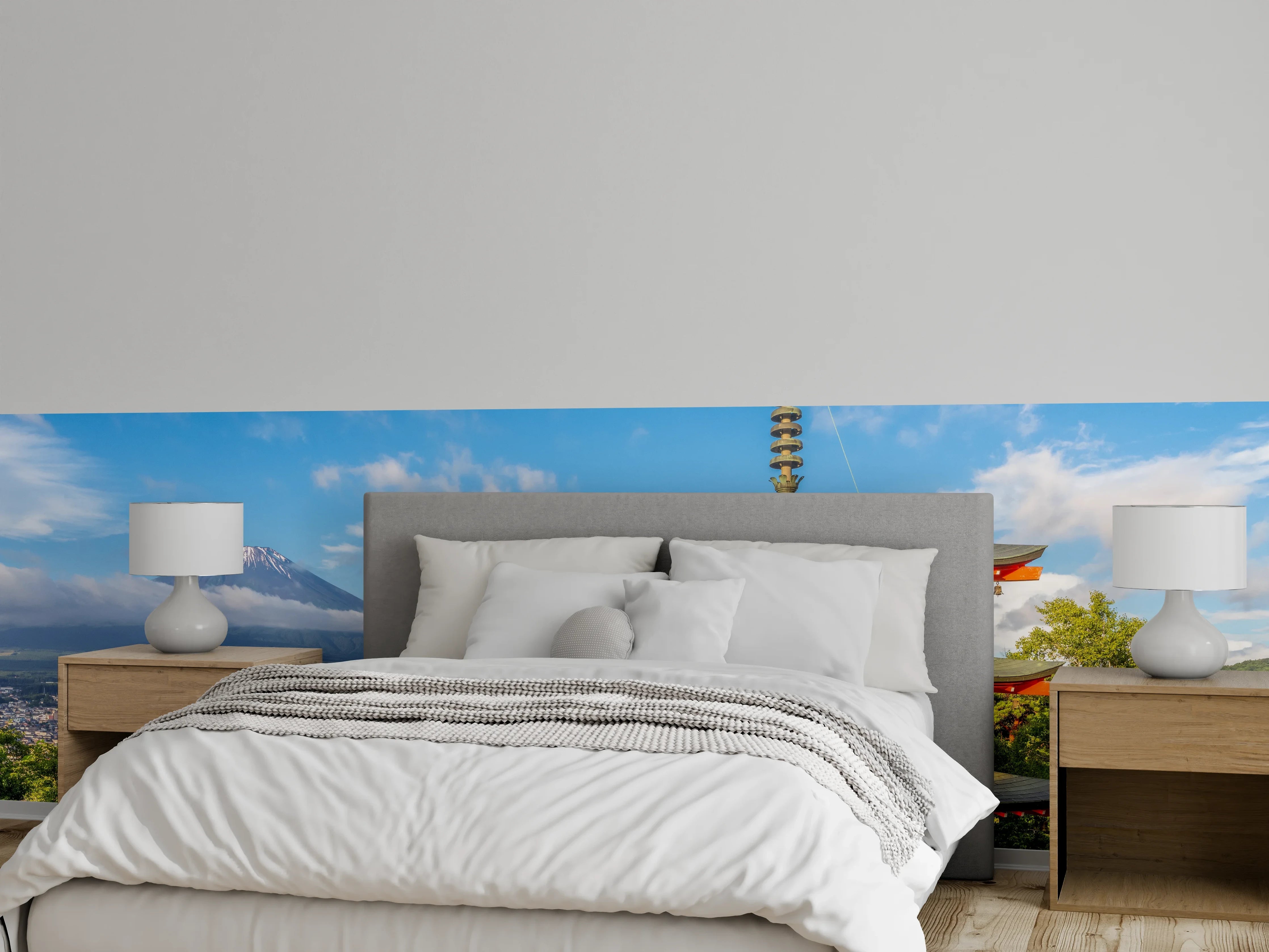 Wandverkleidung Schlafzimmer - Japanische Pagode mit Fuji im Hintergrund