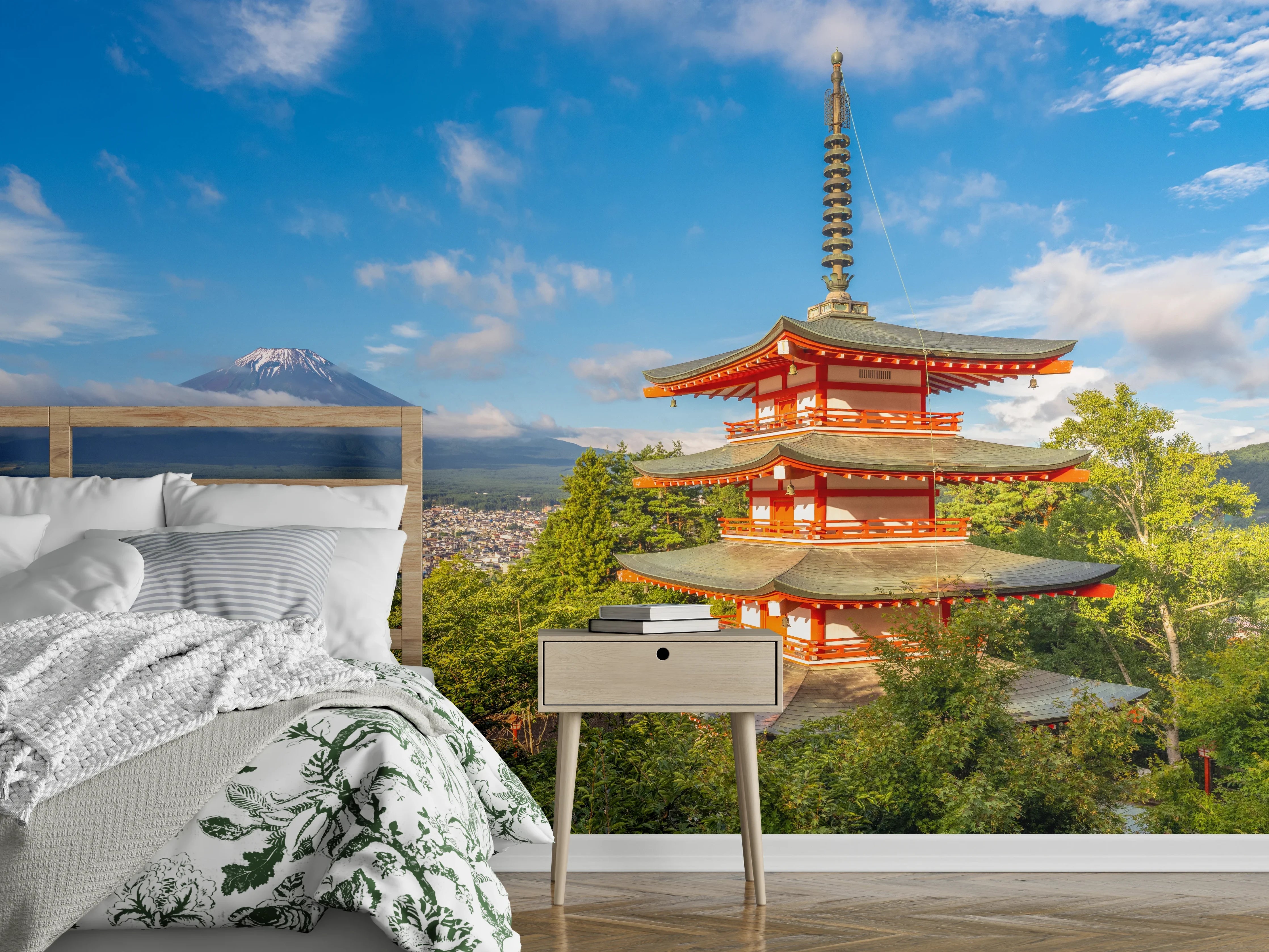 Wandverkleidung Schlafzimmer - Japanische Pagode mit Fuji im Hintergrund