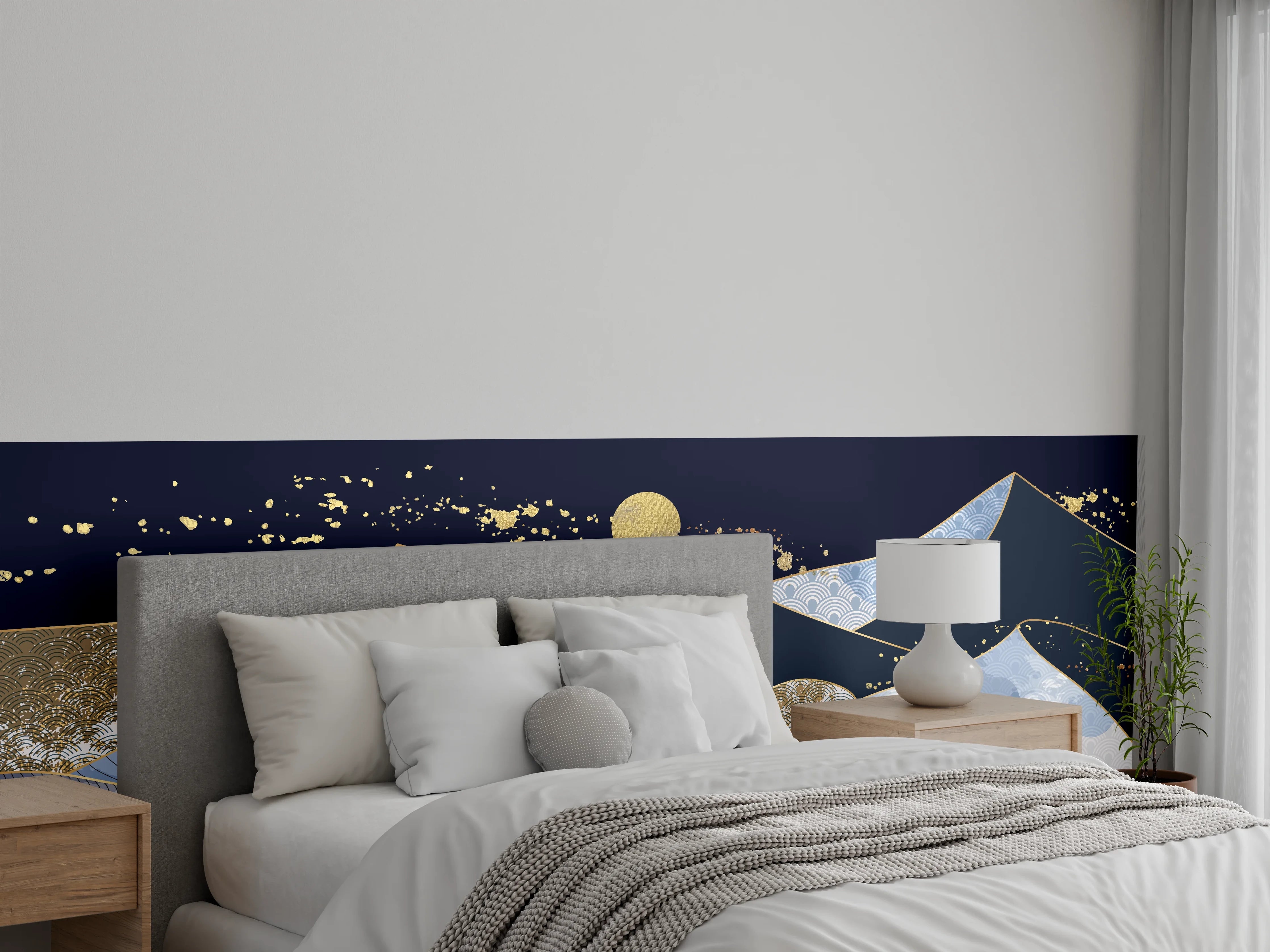 Wandverkleidung Schlafzimmer - Japanische abstrakte Berge & Goldnacht