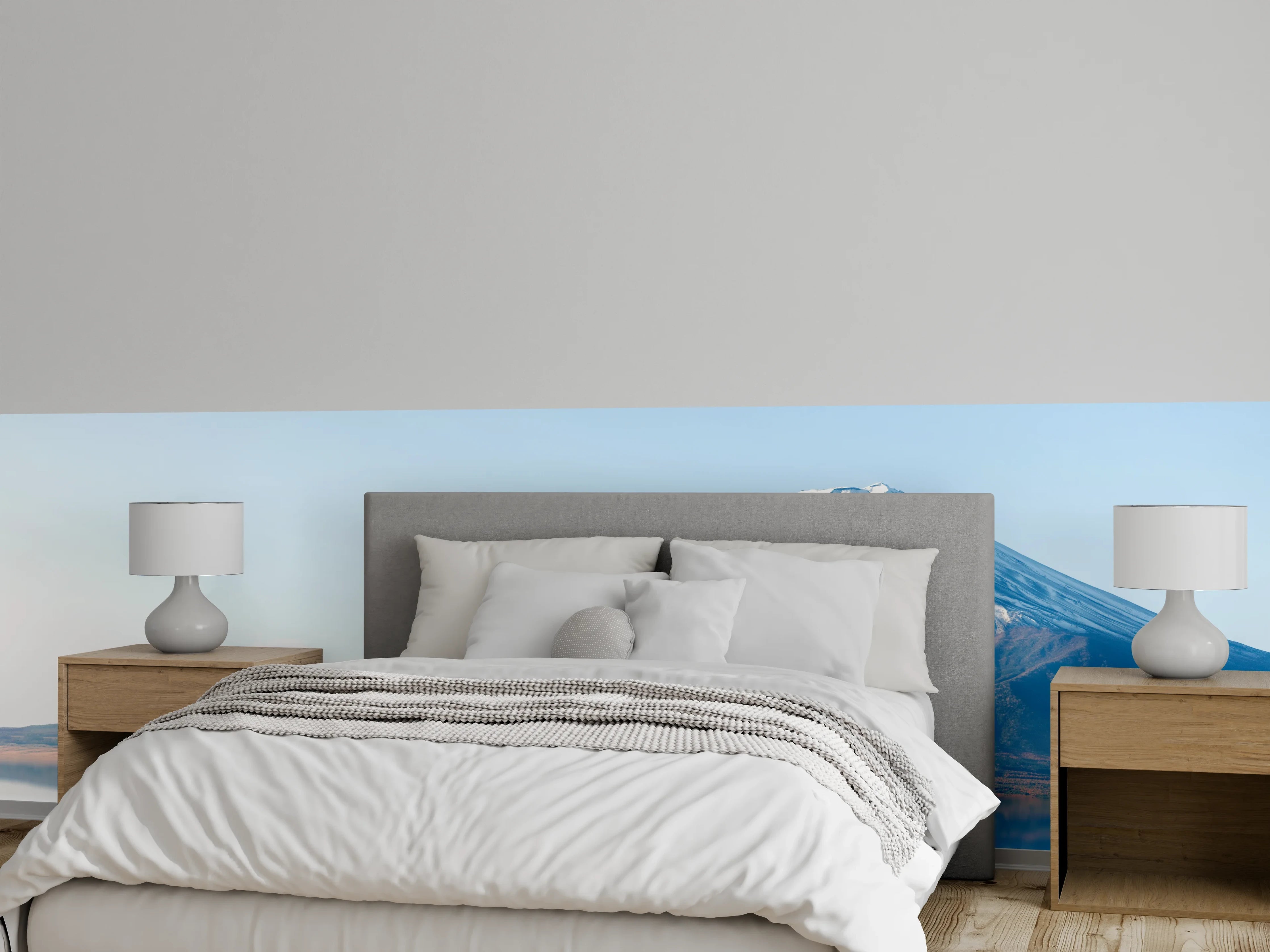 Wandverkleidung Schlafzimmer - Japanischer Fuji mit Spiegelung und Ahorn