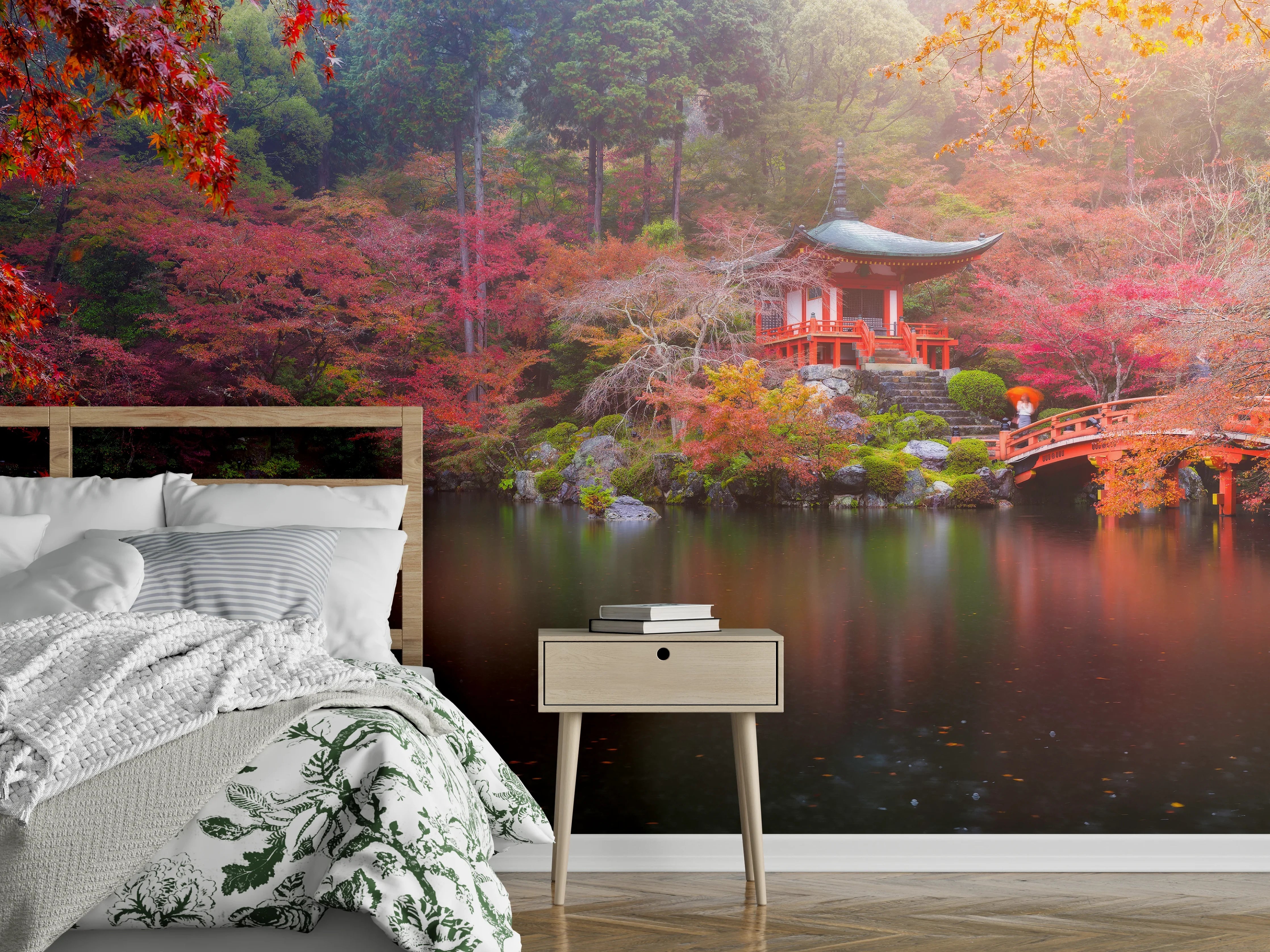 Wandverkleidung Schlafzimmer - Japanischer Garten im Herbst Panorama