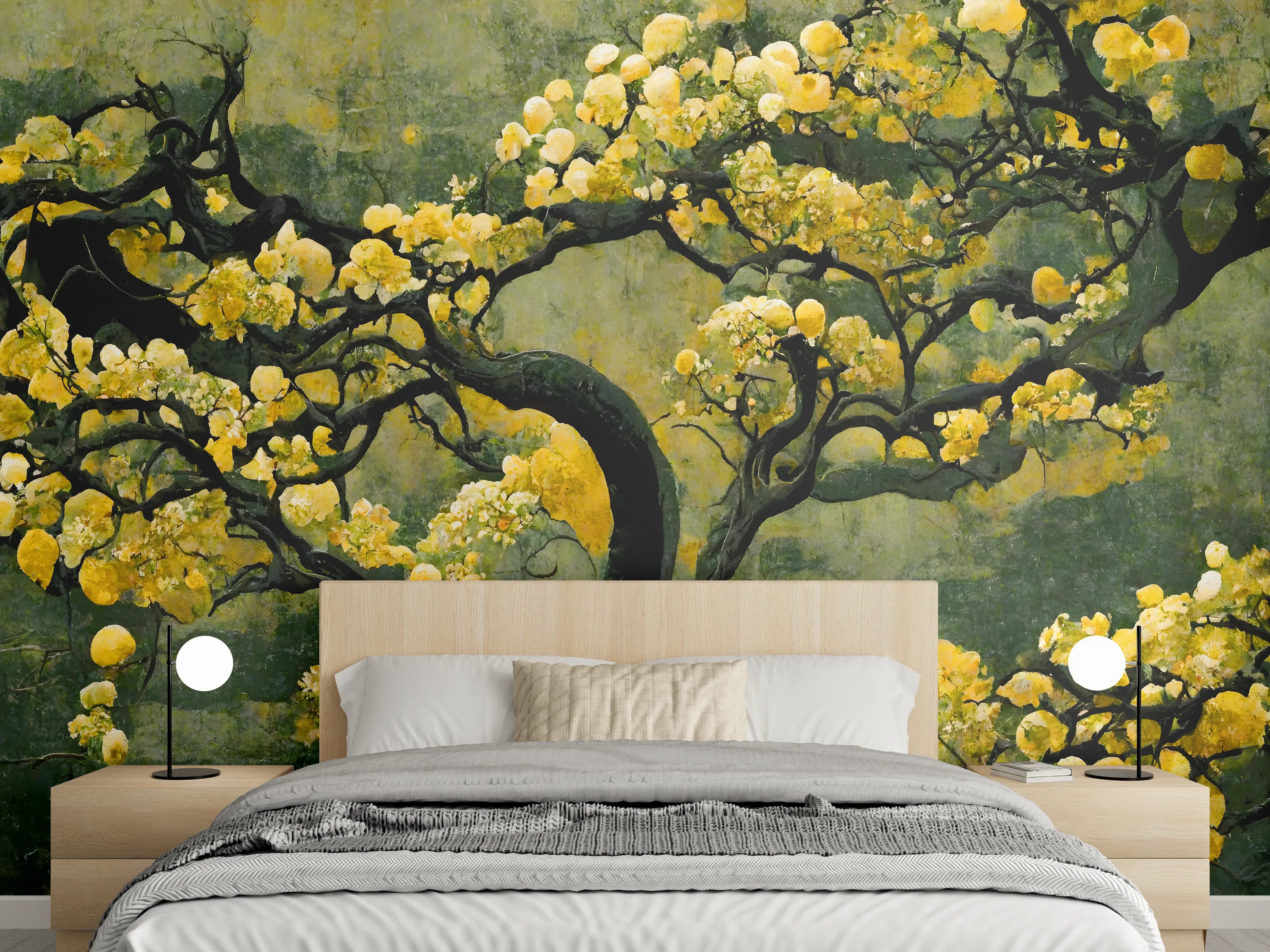 Wandverkleidung Schlafzimmer - Japanischer Kirschbaum Aquarell Gelbgrün