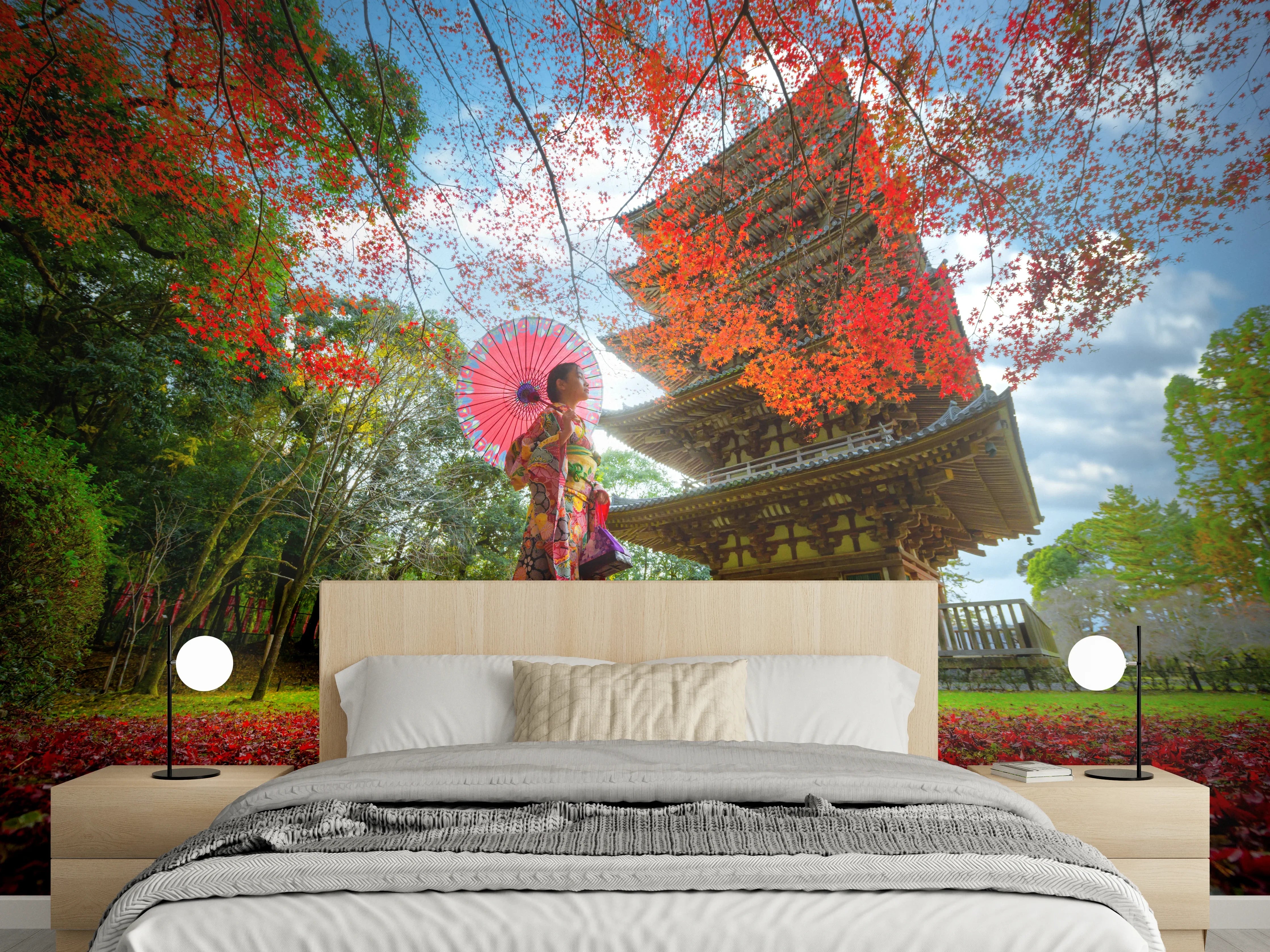 Wandverkleidung Schlafzimmer - Japanischer Tempel im Herbstlaub