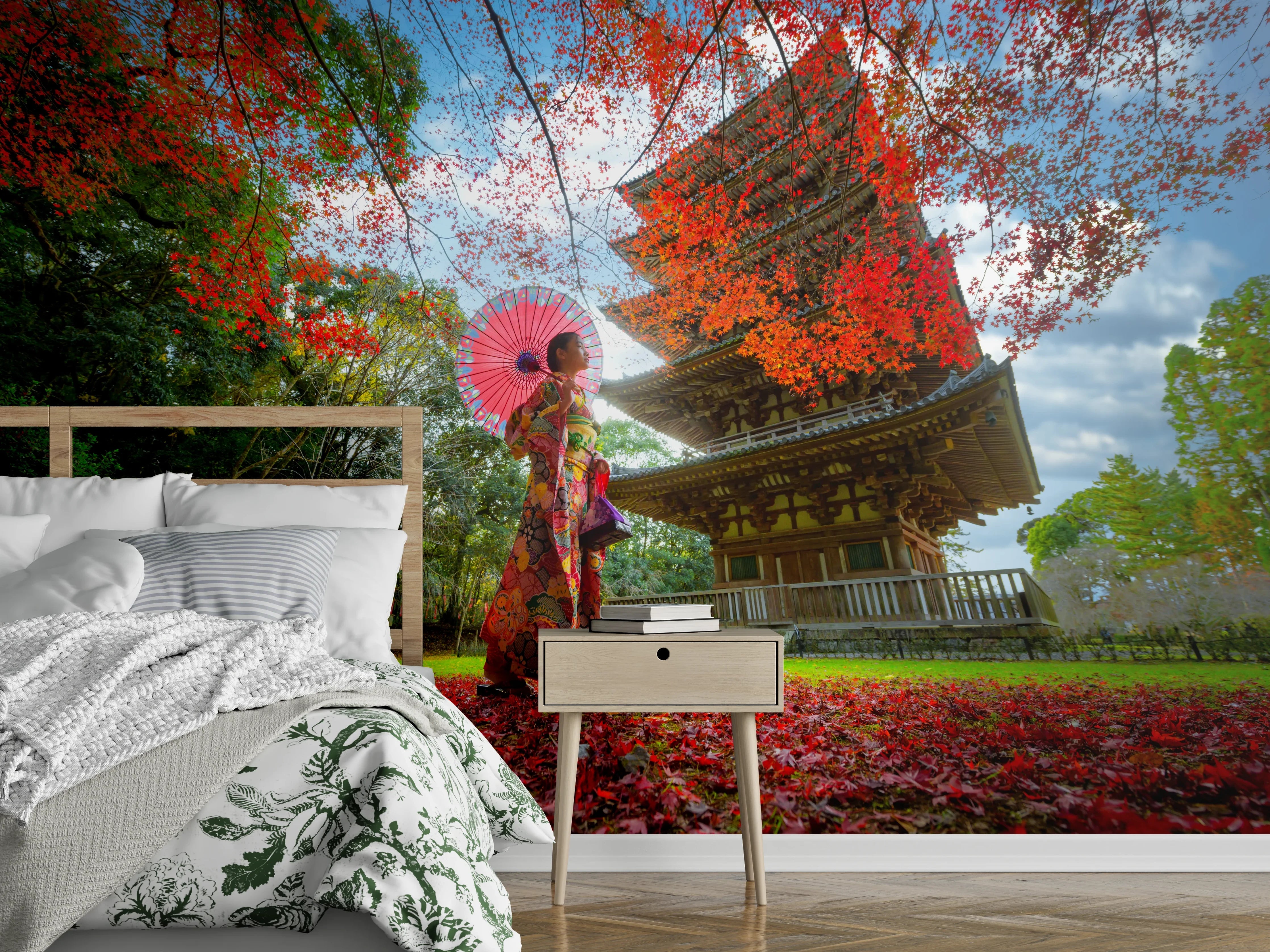 Wandverkleidung Schlafzimmer - Japanischer Tempel im Herbstlaub