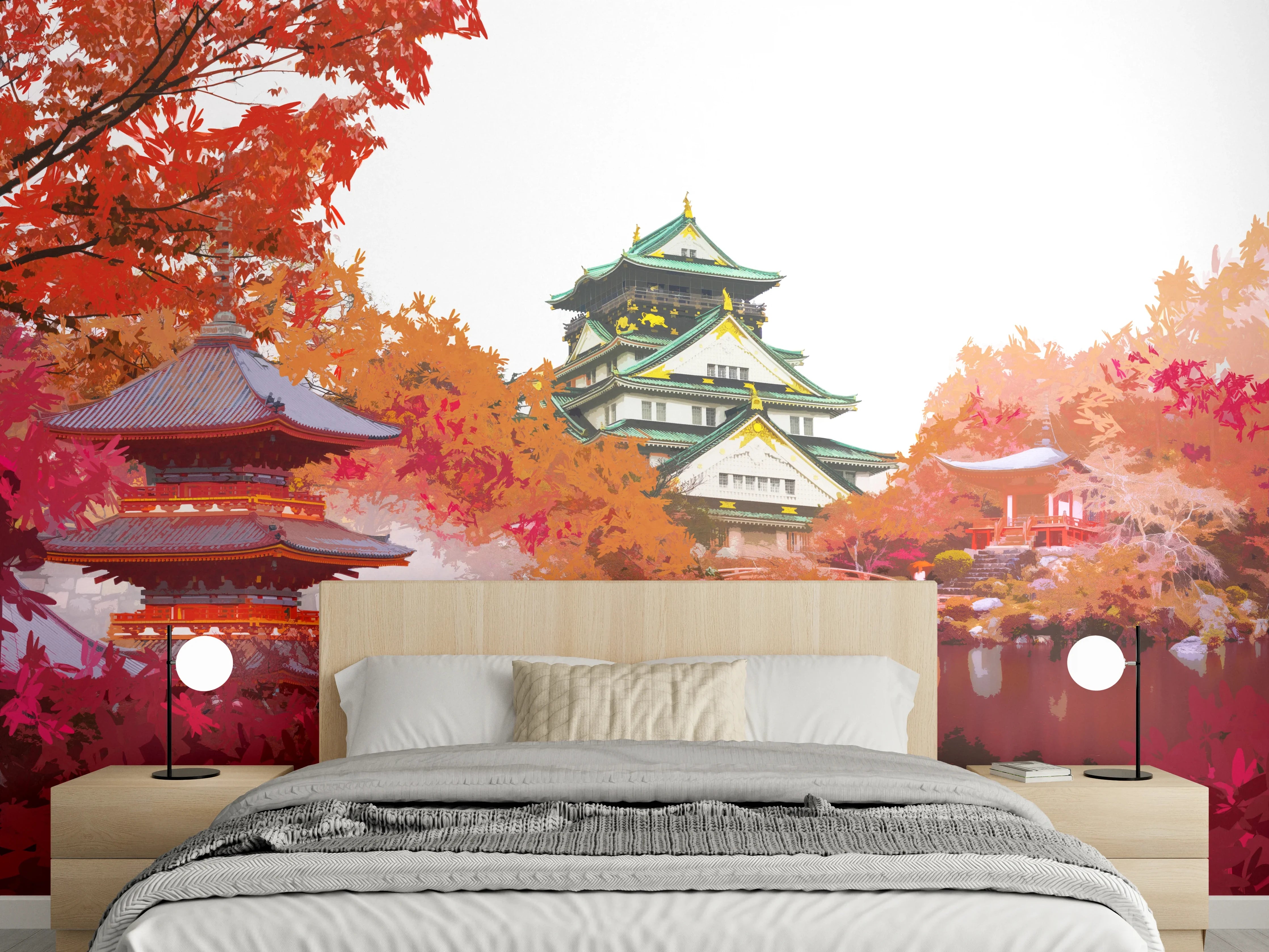 Wandverkleidung Schlafzimmer - Japanischer Tempel im roten Herbstwald
