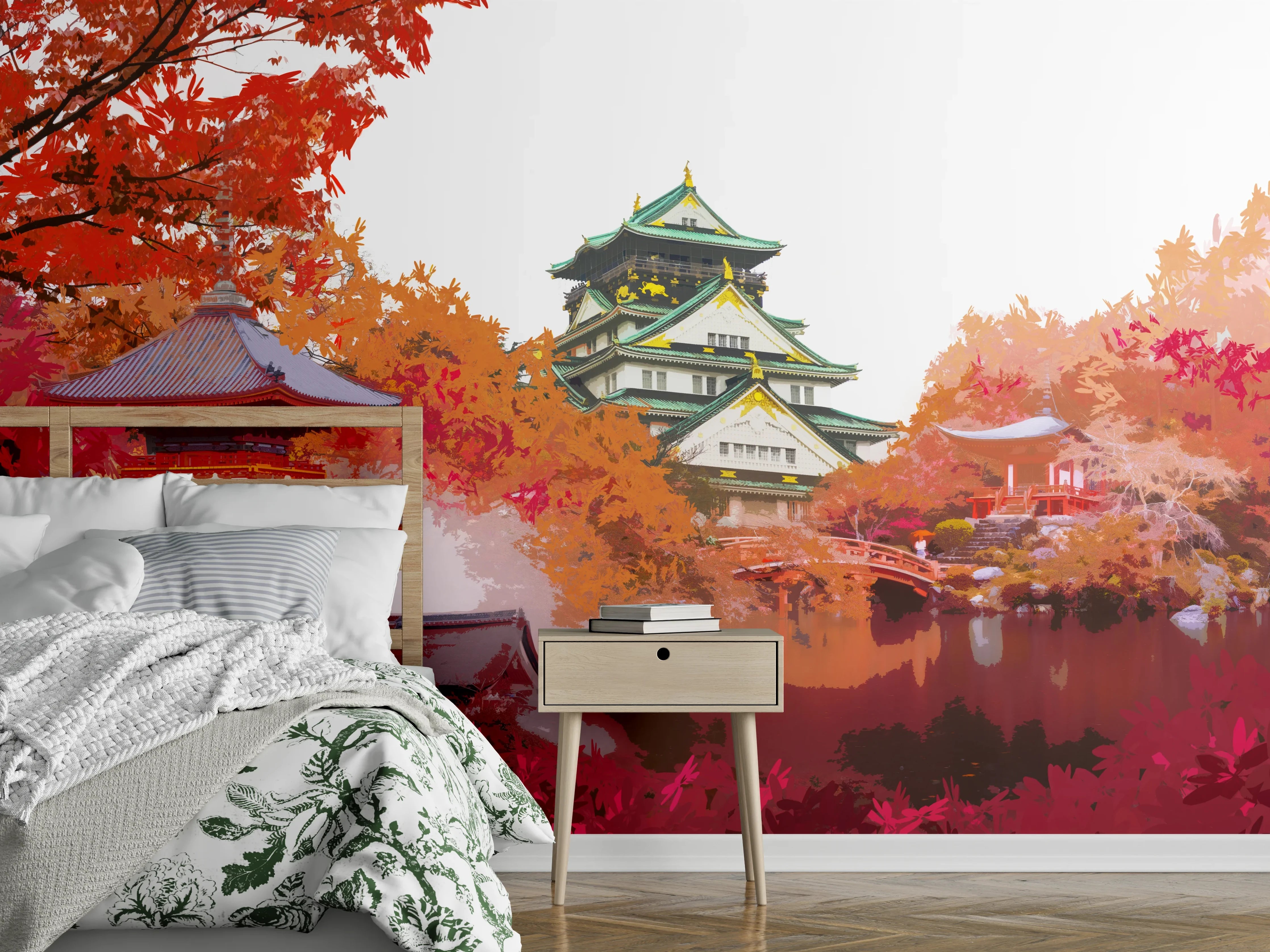 Wandverkleidung Schlafzimmer - Japanischer Tempel im roten Herbstwald
