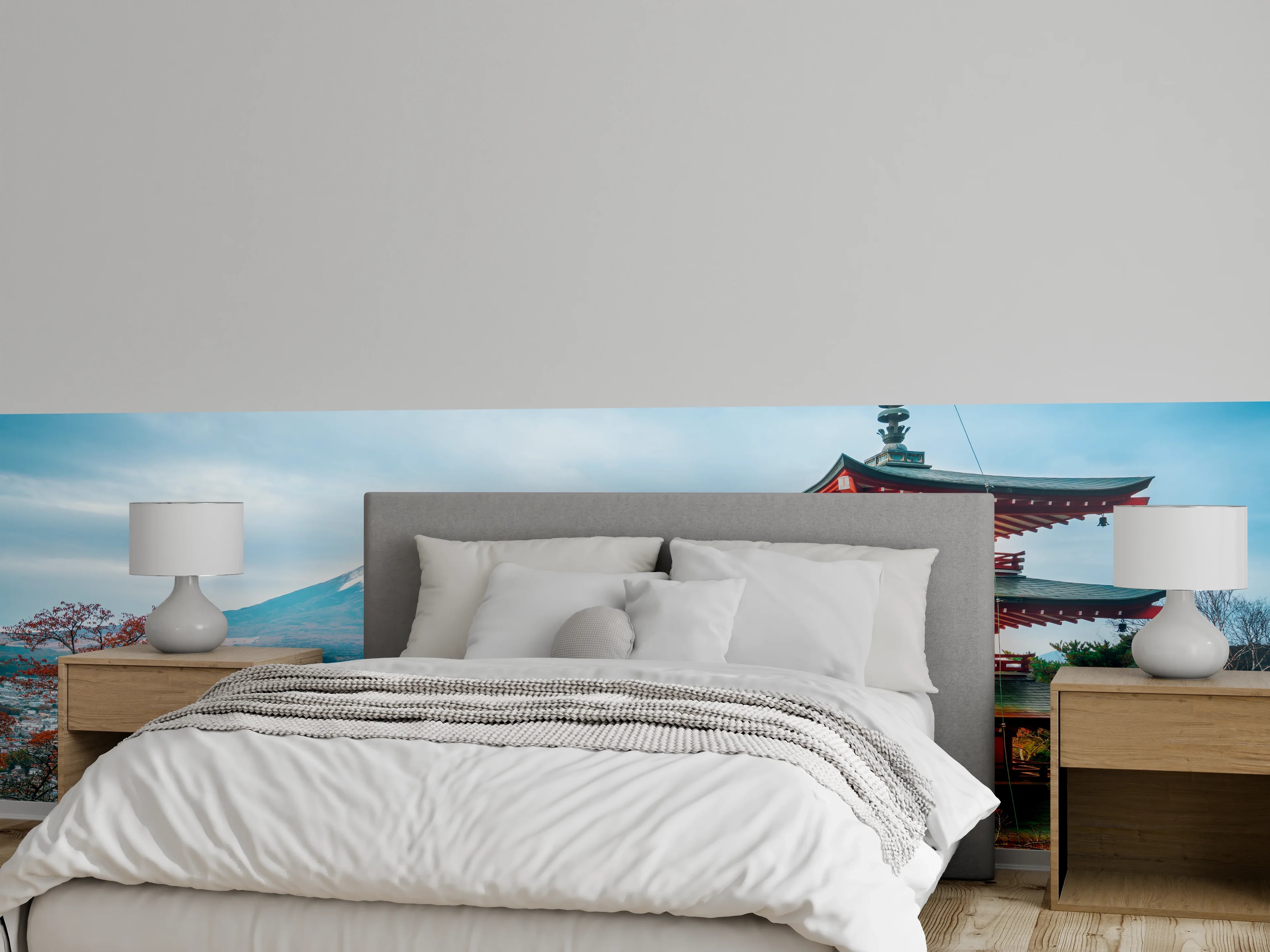 Wandverkleidung Schlafzimmer - Japanischer Tempel mit Fuji-Bergblick